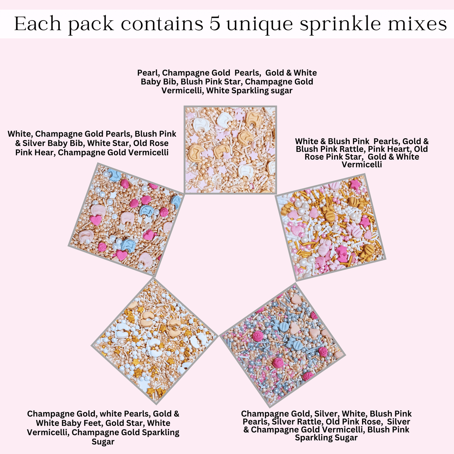 Confect Girls Baby Shower Sprinkles | Mix Heart, Teddy, Baby Feed Bottle & Baby Feet Sprinkles Pack of 5 (BABY SHOWER -19)