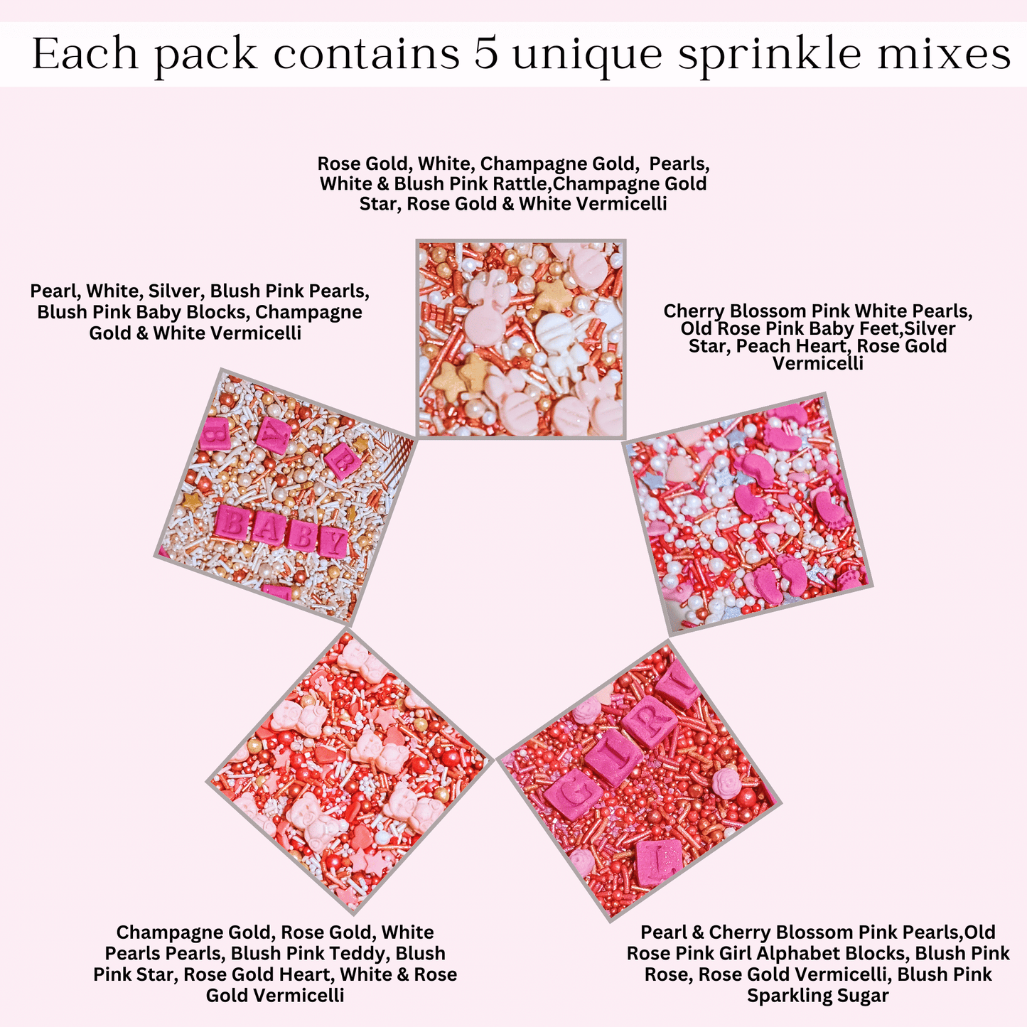 Confect Girls Baby Shower Sprinkles | Mix Silver, Gold & Blush pink Sprinkles Pack of 5 (BABY SHOWER -16)