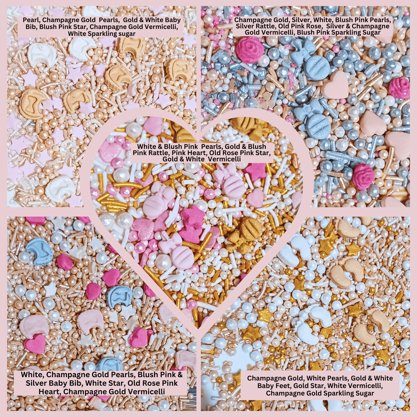 Confect Girls Baby Shower Sprinkles | Mix Heart, Teddy, Baby Feed Bottle & Baby Feet Sprinkles Pack of 5 (BABY SHOWER -19)