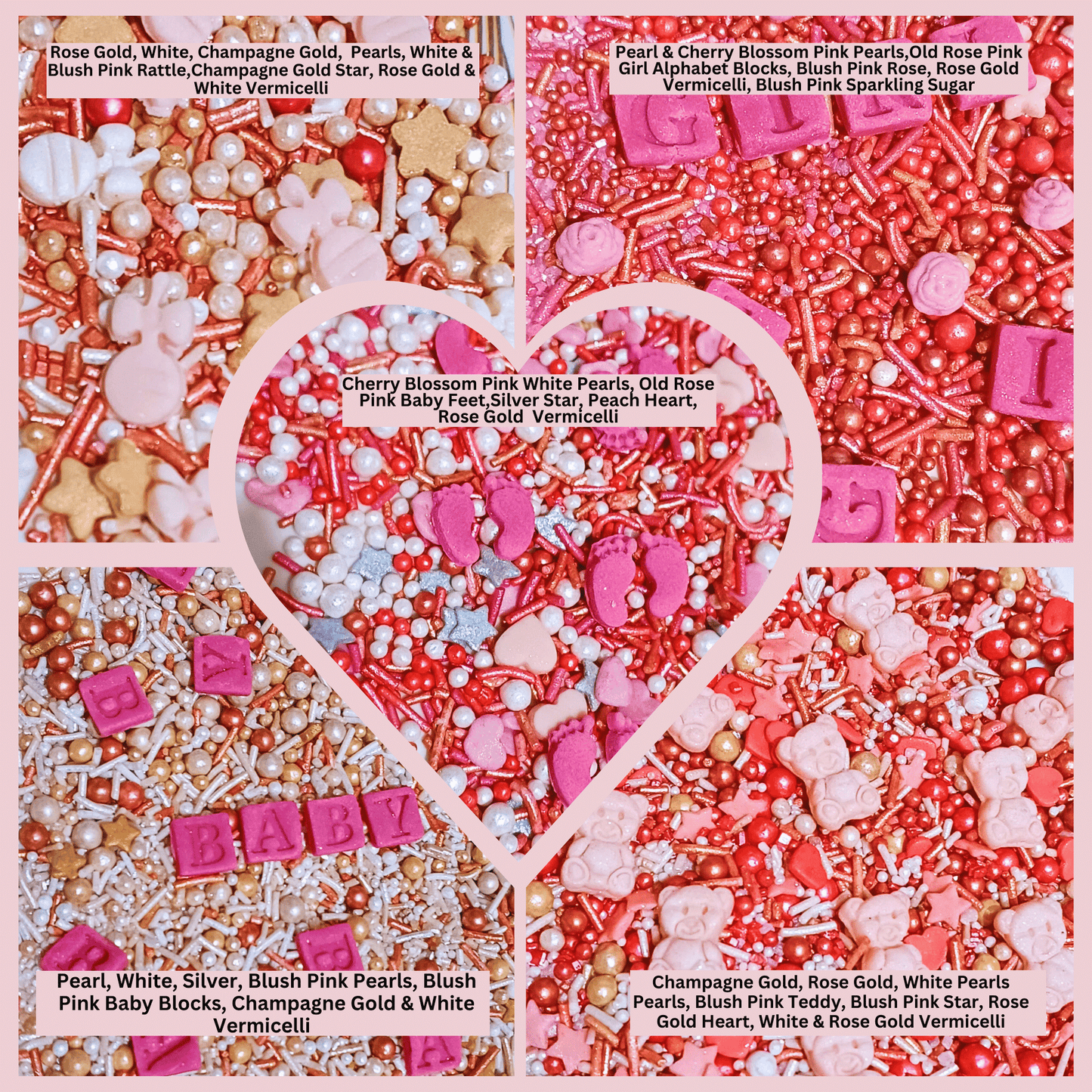 Confect Girls Baby Shower Sprinkles | Mix Silver, Gold & Blush pink Sprinkles Pack of 5 (BABY SHOWER -16)