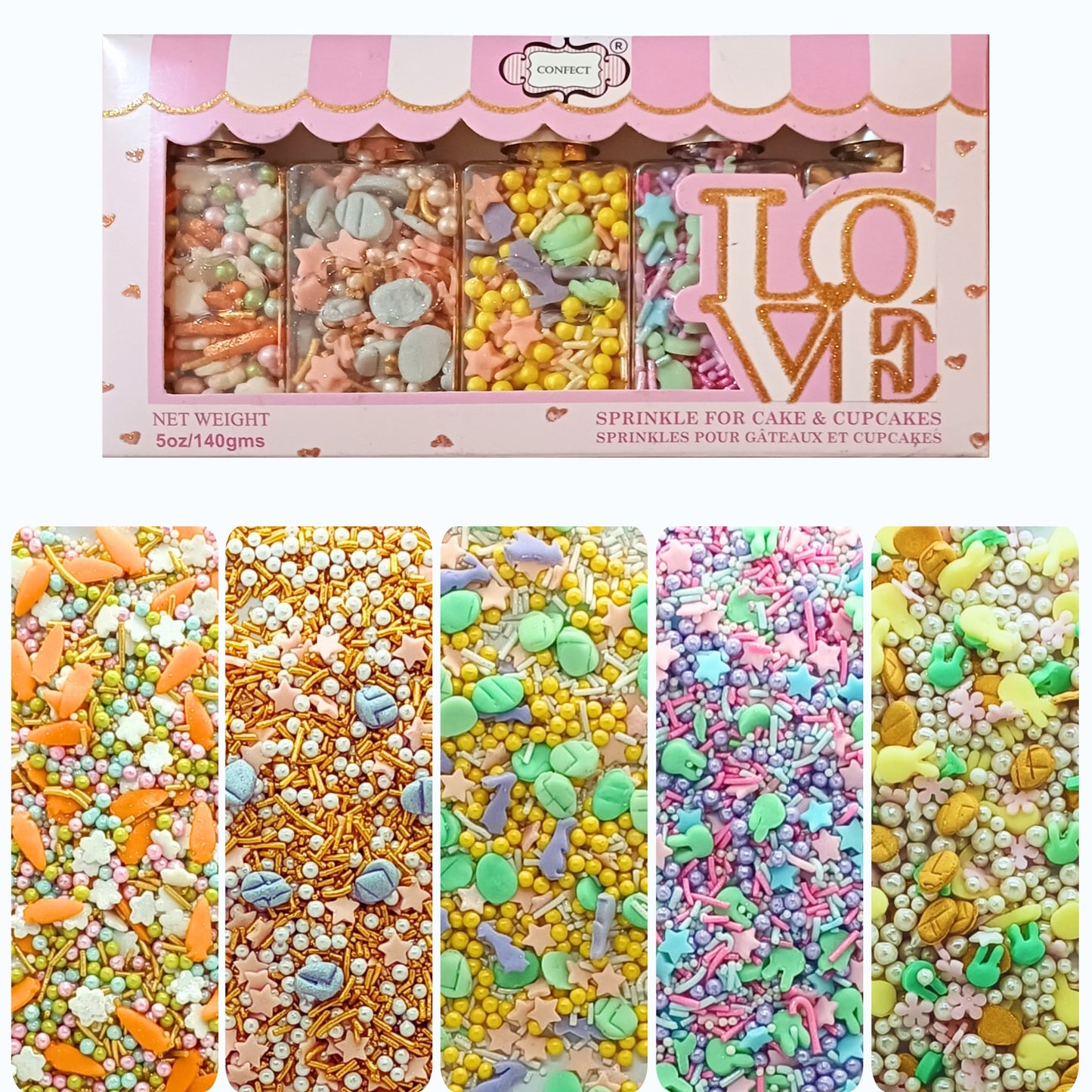 Confect Easter Sprinkles Edible |  White, Pink and Gold Pearls, vermicelli , Easter Bunny & Stars Pack of 5 (EAST 12) - 100Gms