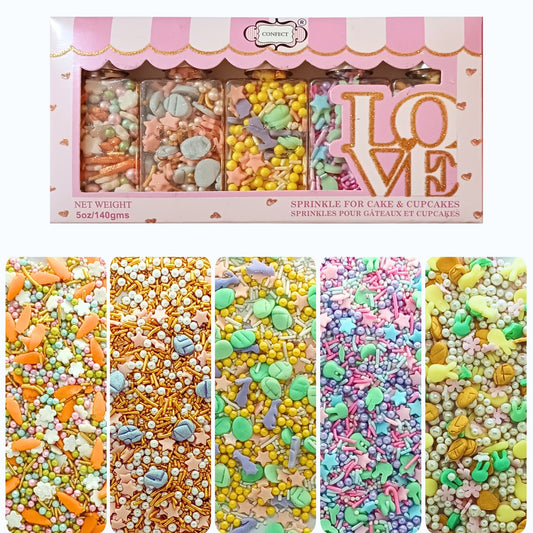 Confect Easter Sprinkles Edible |  White, Pink and Gold Pearls, vermicelli , Easter Bunny & Stars Pack of 5 (EAST 12) - 100Gms