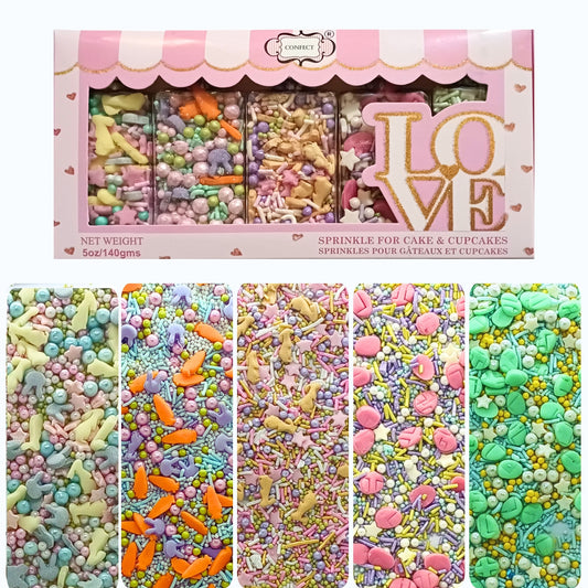 Confect Spring Sprinkles Edible |  Mix Green & Pink Eggs & Yellow & Gold Bunny pack of 5 (EAST 3) - 100Gms