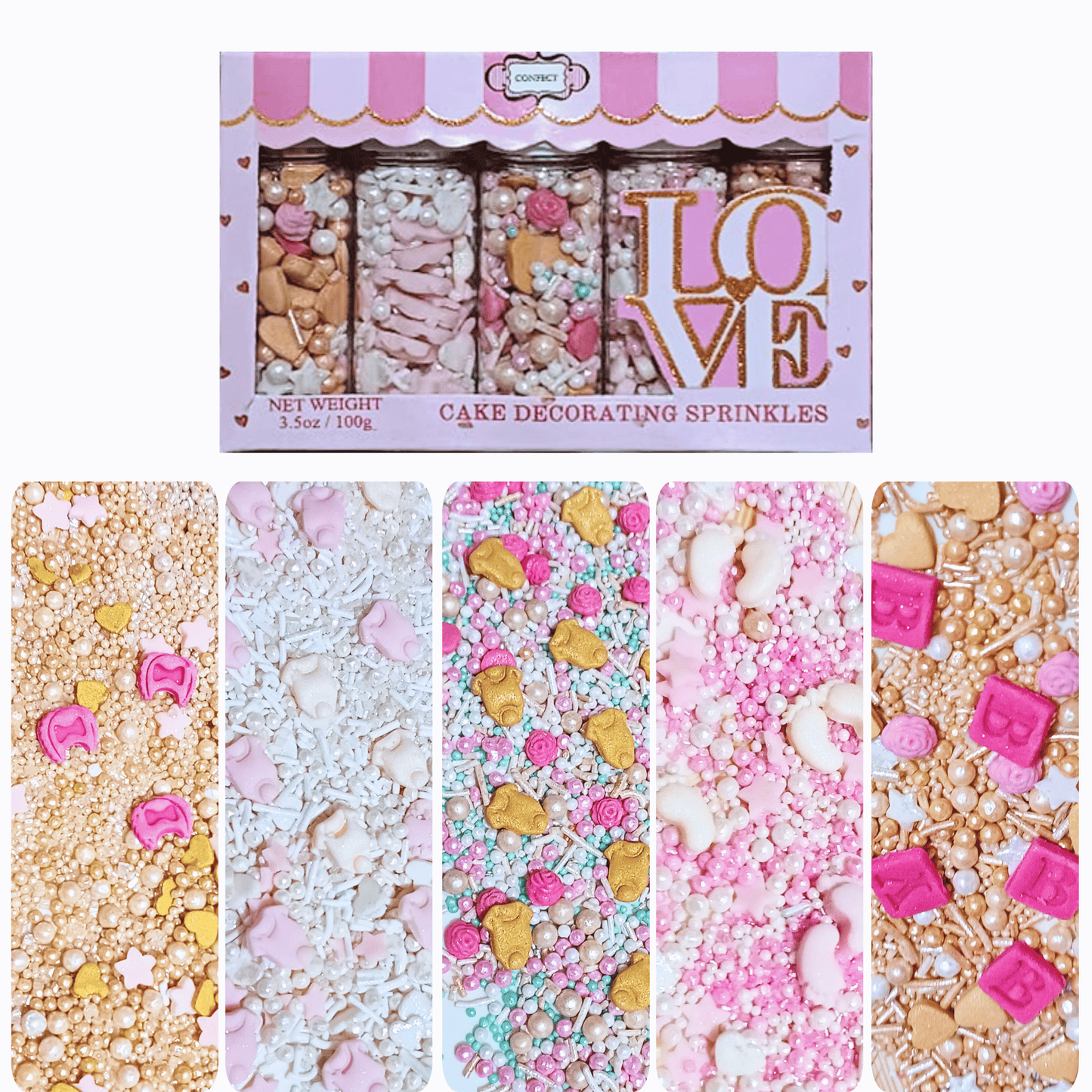 Confect Girls Baby Shower Sprinkles | Edible Sprinkles | Mix Heart, Teddy, Baby Feed Bottle & Baby Feet Sprinkles Pack of 5 (BABY SHOWER -18)