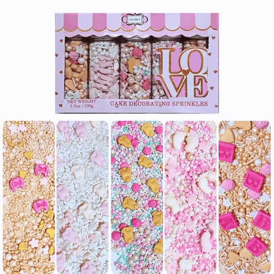 Confect Girls Baby Shower Sprinkles | Edible Sprinkles | Mix Heart, Teddy, Baby Feed Bottle & Baby Feet Sprinkles Pack of 5	(BABY SHOWER -18)