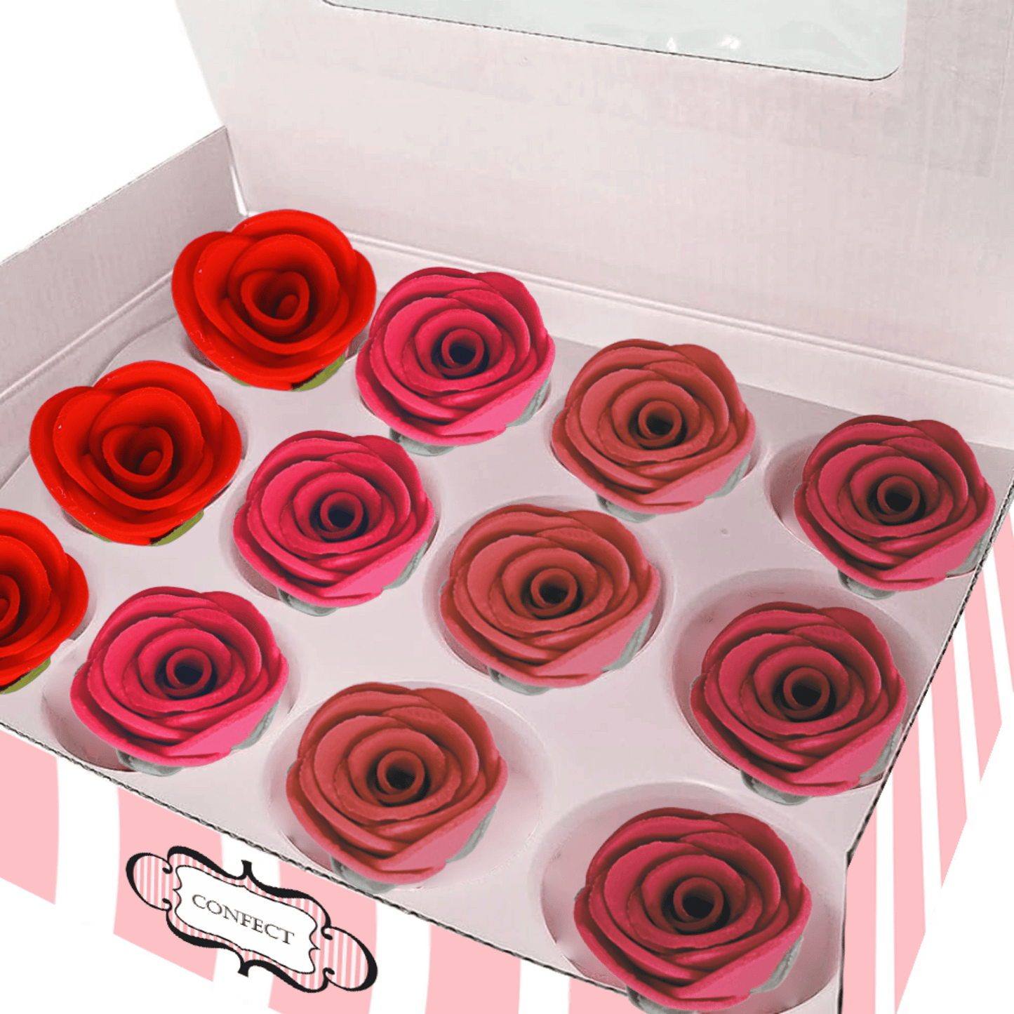 Confect Sugar Roses Topper | Sugar Roses for cake decorations | Cupcakes & Doughnut Edible Toppers | ombre -2 - Pack of 12