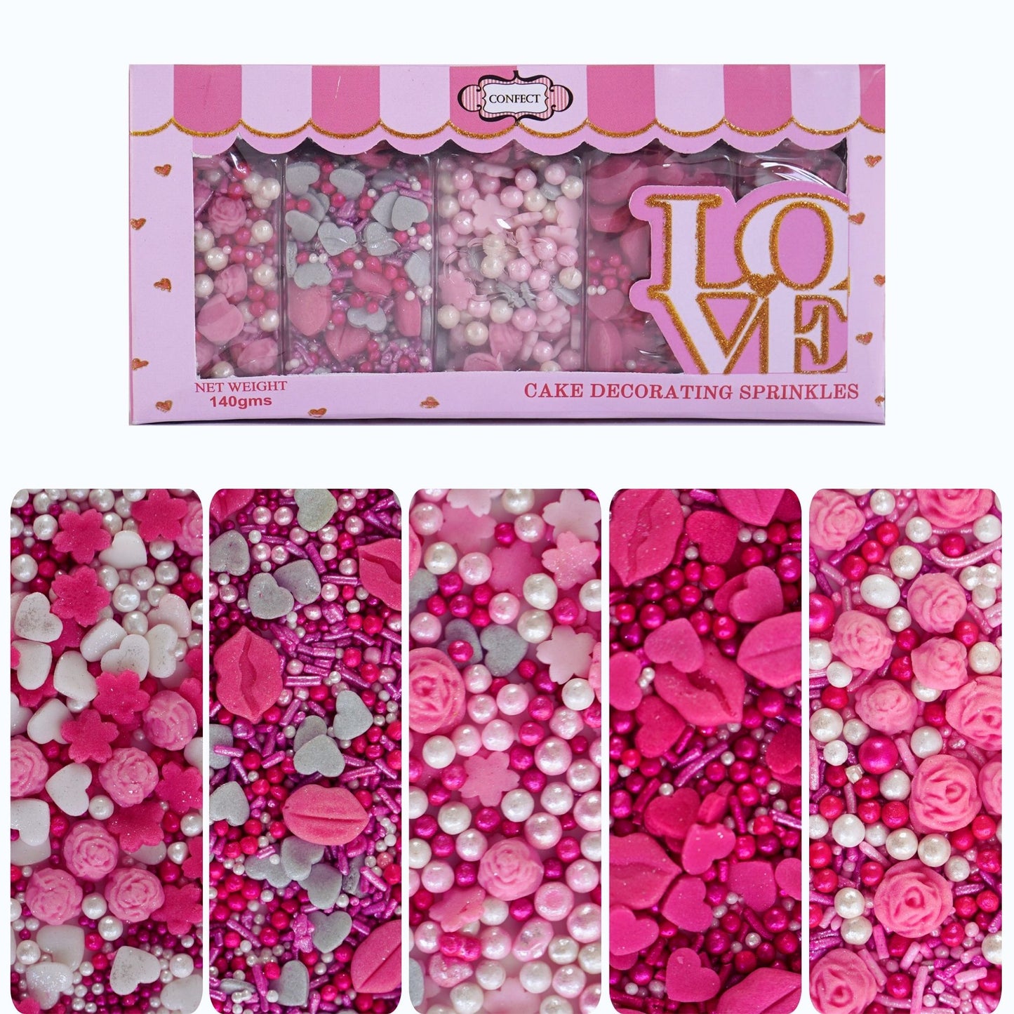 Confect Shimmering Charm Sprinkles I Silver Hearts & White Pearls, (MDAY-02) - 100Gms