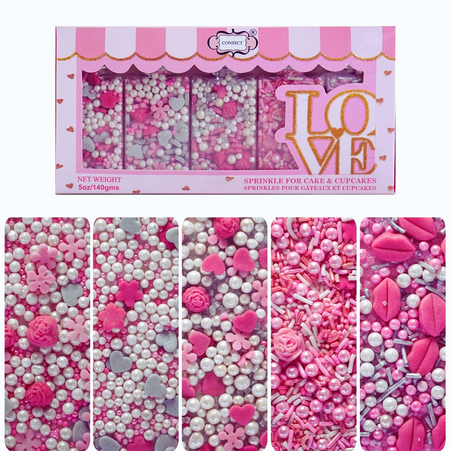Confect Mother's Day Sprinkles | Silver Hearts & White Pearls , (MDAY-01) - 100Gms