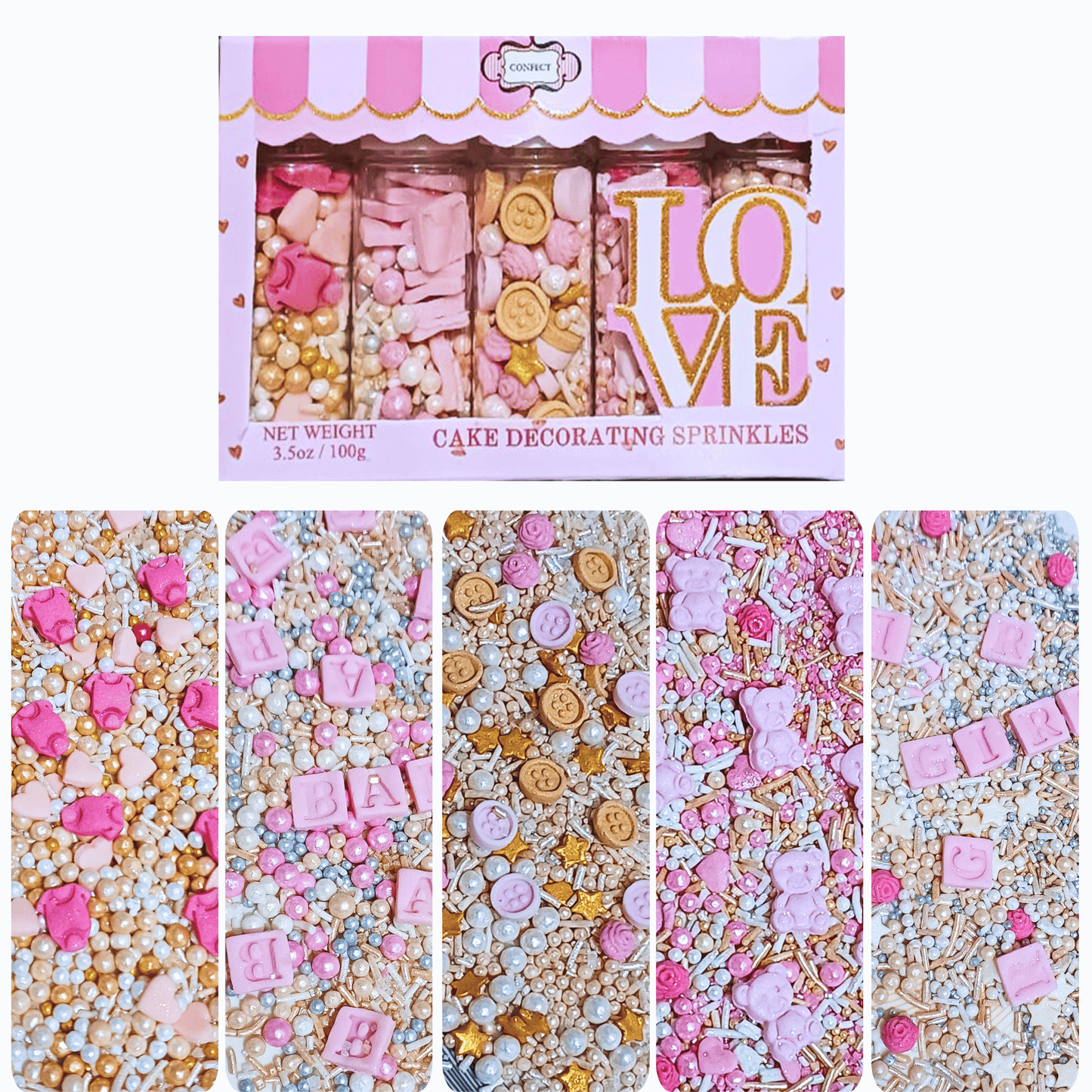 Confect Girls Baby Shower Sprinkles | Mix Heart, Teddy, Baby Feed Bottle & Baby Feet Sprinkles Pack of 5 (BABY SHOWER -15)