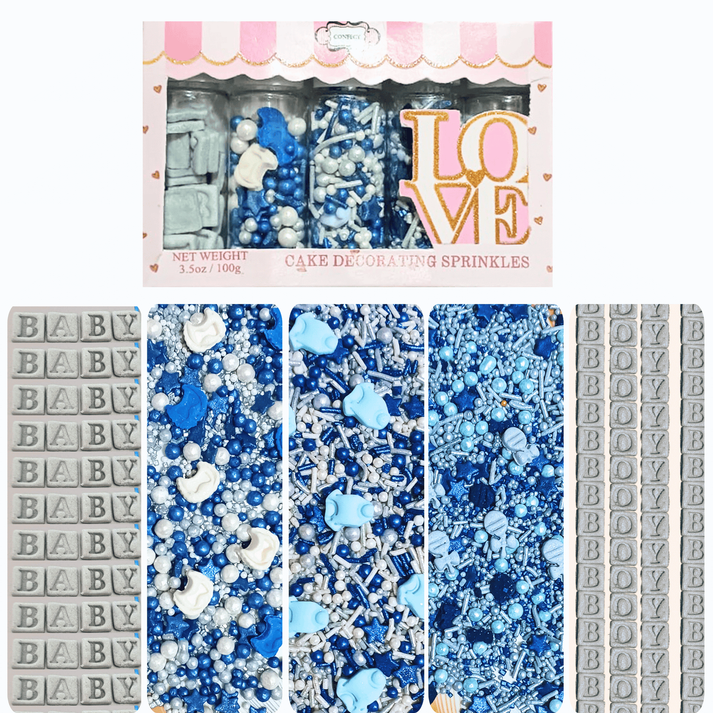 Confect Boys Baby Shower Sprinkles | Gender Reveal Sprinkles | Baby Blue Sprinkles for Cake & Cupcake Decorating Pack of 5 (BABY SHOWER -35)