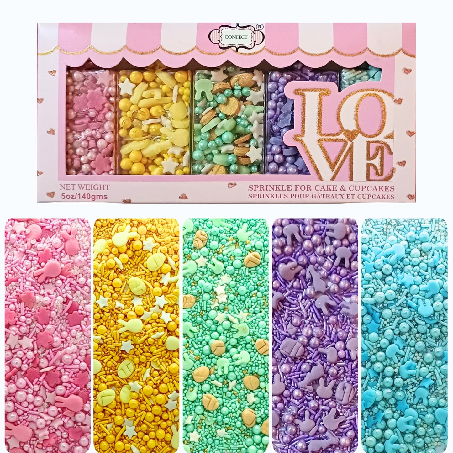 Confect Easter Sprinkles Edible | Mix Parrot Green, Pink, Sky Blue and Yellow Pearls & Stars Pack Of 5 (EAST 5) - 100Gms