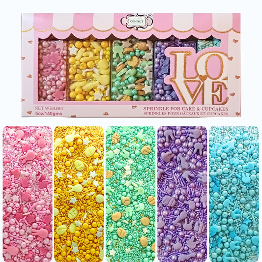 Confect Easter Sprinkles Edible | Mix Parrot Green, Pink, Sky Blue and Yellow Pearls & Stars Pack Of 5 (EAST 5) - 100Gms