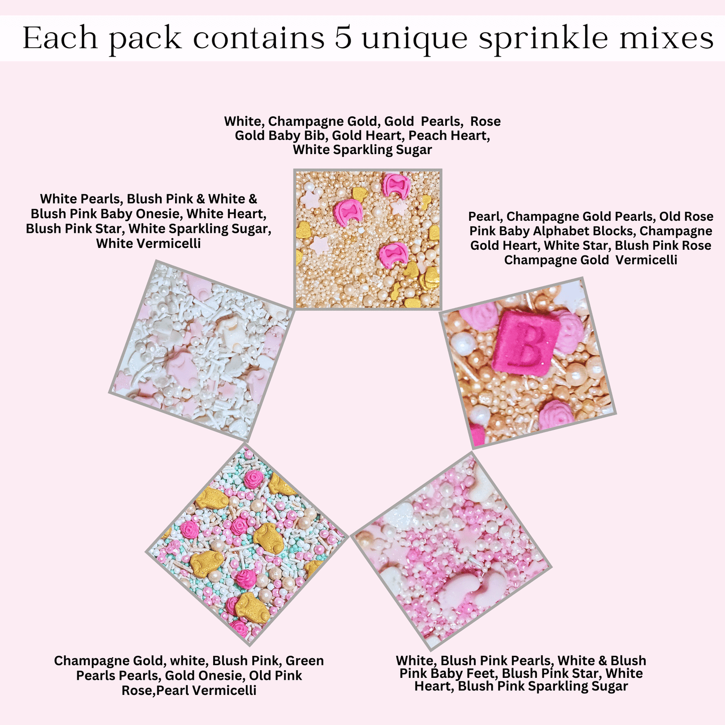 Confect Girls Baby Shower Sprinkles | Edible Sprinkles | Mix Heart, Teddy, Baby Feed Bottle & Baby Feet Sprinkles Pack of 5 (BABY SHOWER -18)