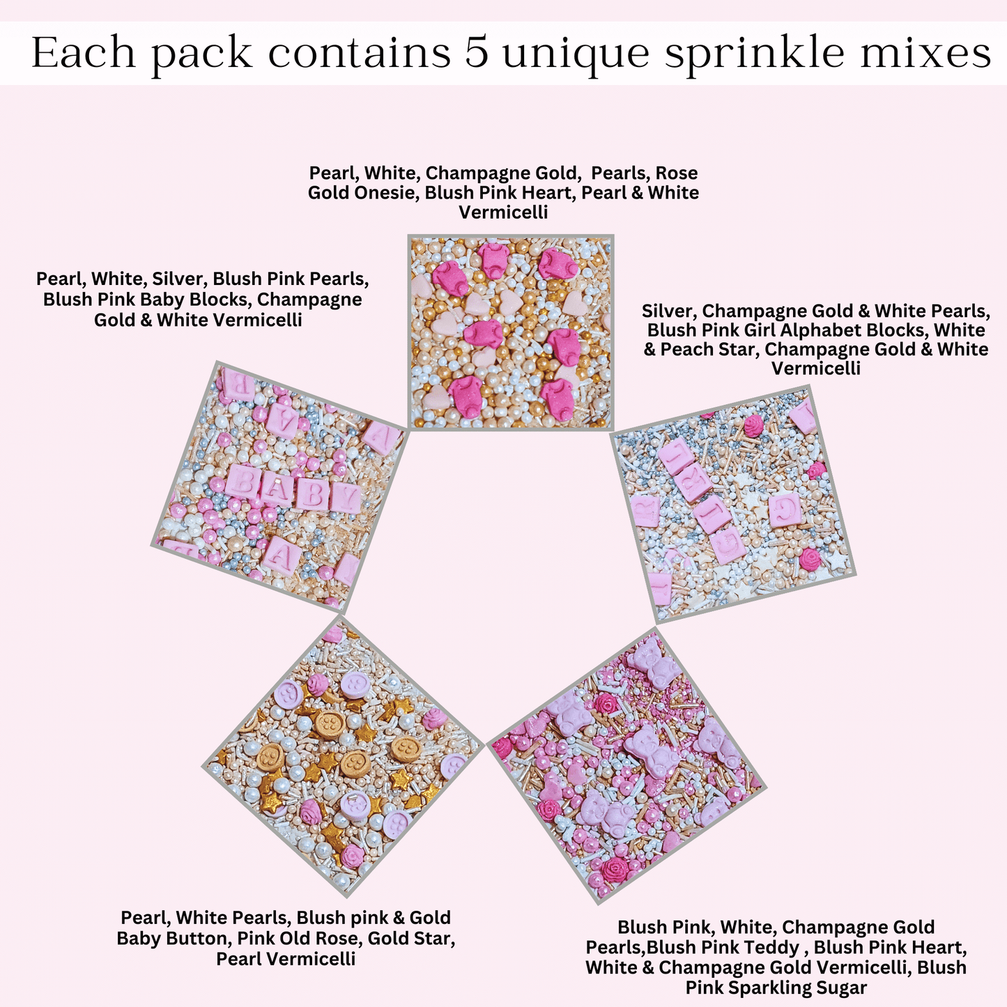 Confect Girls Baby Shower Sprinkles | Mix Heart, Teddy, Baby Feed Bottle & Baby Feet Sprinkles Pack of 5 (BABY SHOWER -15)