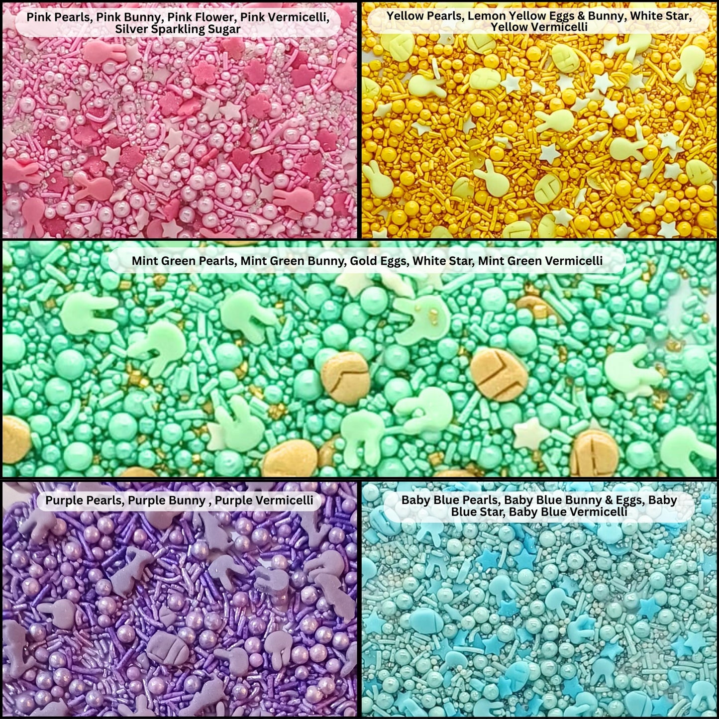 Confect Easter Sprinkles Edible | Mix Parrot Green, Pink, Sky Blue and Yellow Pearls & Stars Pack Of 5 (EAST 5) - 100Gms