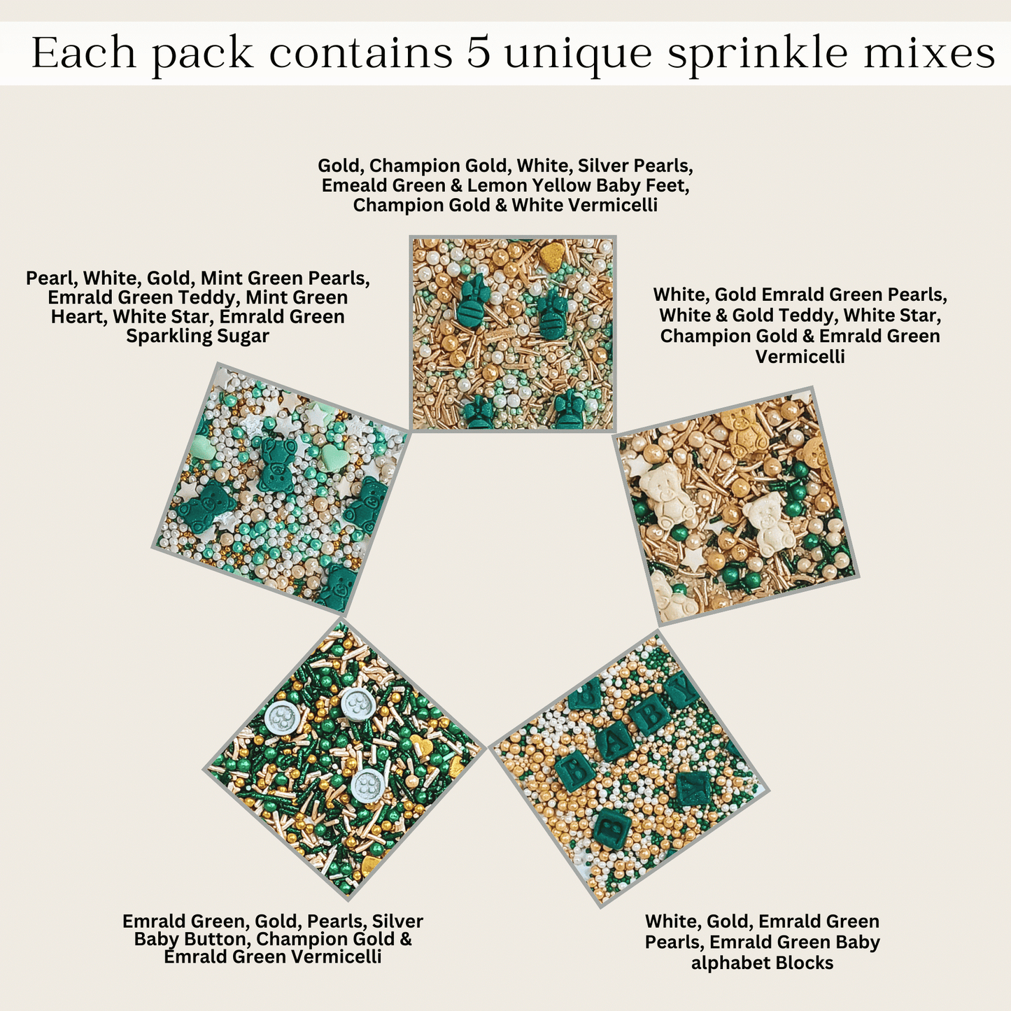 Confect Baby Shower Sprinkles | Gender Reveal Sprinkles | Gold, Silver, Mint Green & Pearl Dragees Pack of 5 (BABY SHOWER -09)
