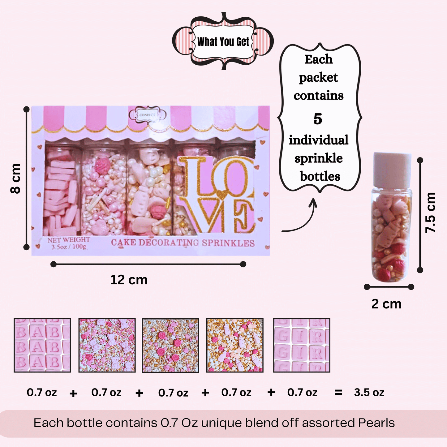 Confect Girls Baby Shower Sprinkles | Edible Sprinkles | Mix Heart, Teddy, Baby Feed Bottle & Baby Feet Sprinkles Pack of 5 (BABY SHOWER -24)
