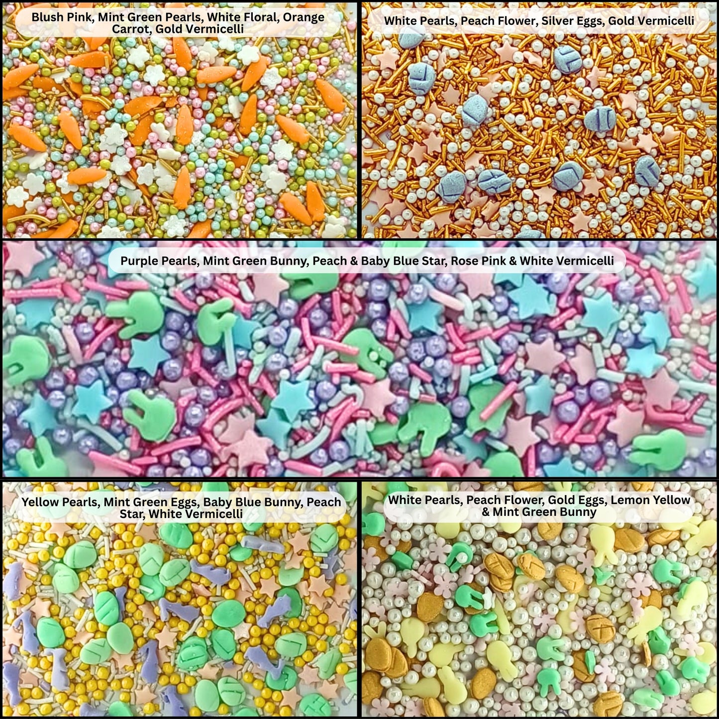 Confect Easter Sprinkles Edible |  White, Pink and Gold Pearls, vermicelli , Easter Bunny & Stars Pack of 5 (EAST 12) - 100Gms