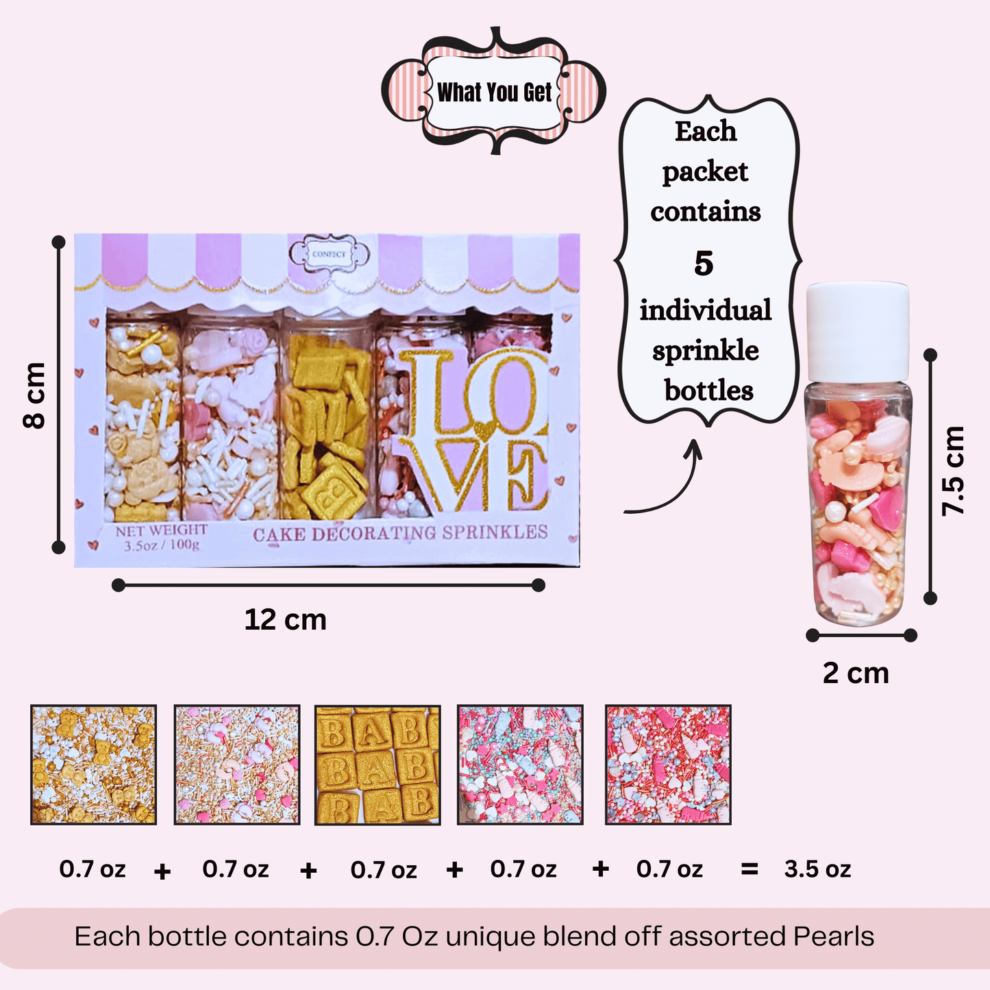 Confect Girls Baby Shower Sprinkles | Edible Sprinkles | Mix Silver, Gold & Blush pink Sprinkles Pack of 5 (BABY SHOWER -21)