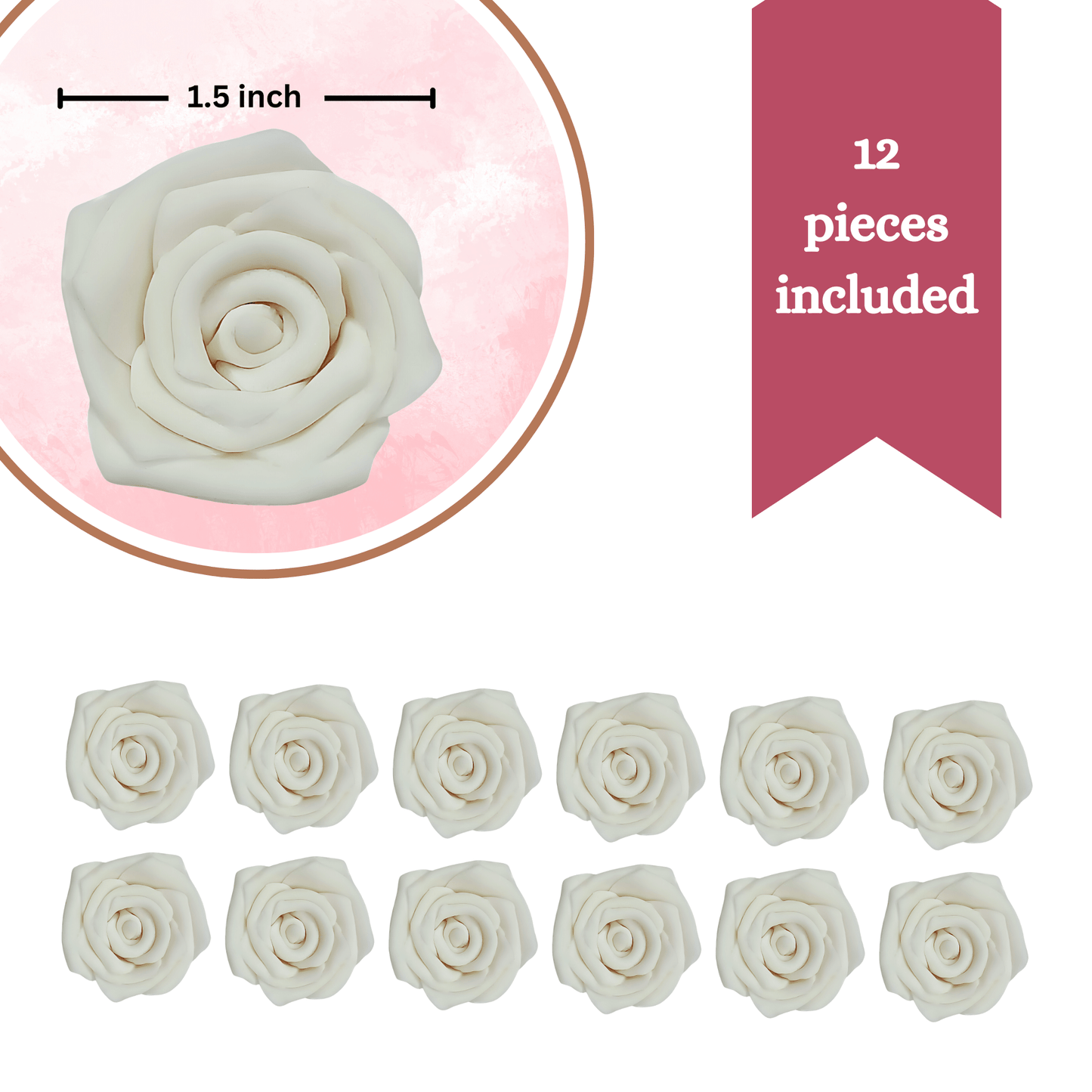 Confect Sugar Roses Topper | Sugar Roses for cake decorations | Venison White Princess Roses - Pack of 12