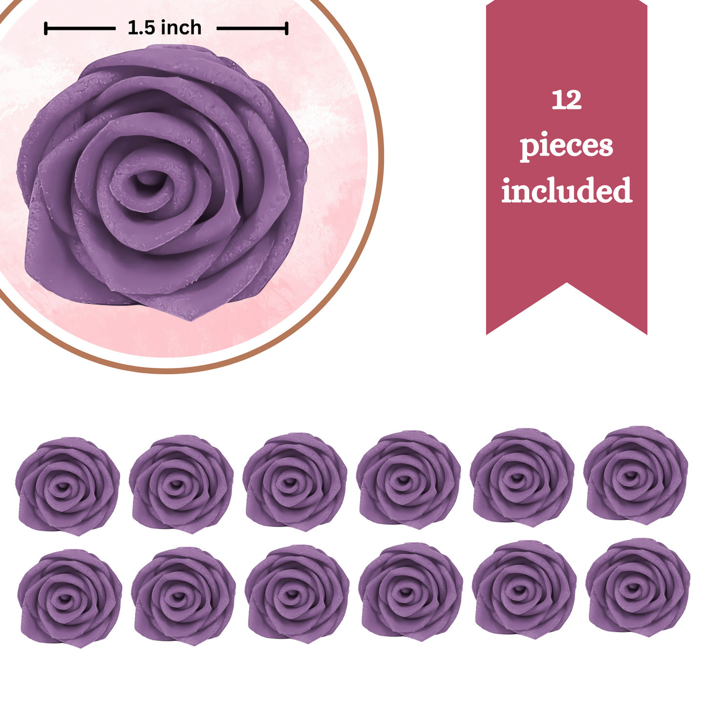 Confect Sugar Roses Topper | Sugar Roses for cake decorations | Edible True Purple Roses - Pack of 12