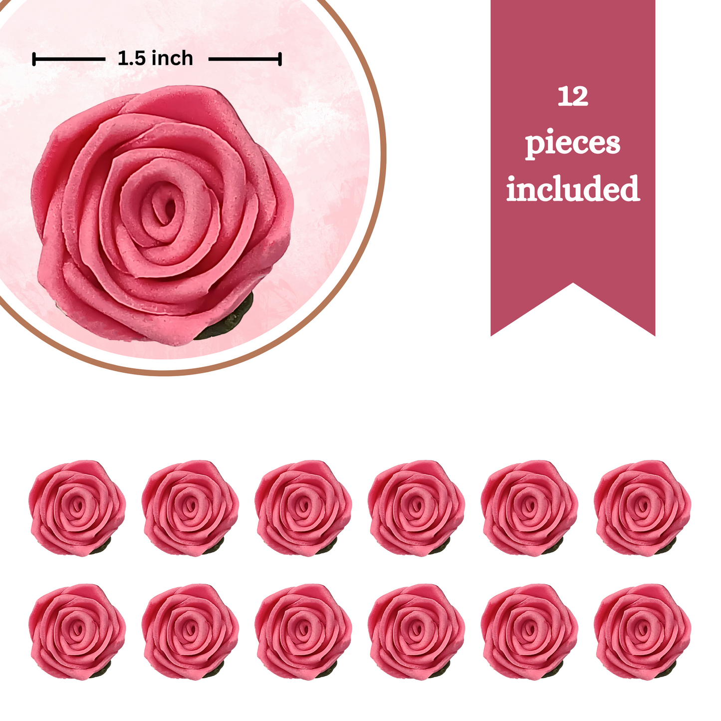 Confect Sugar Roses Topper | Sugar Roses for cake decorations | Edible Flamingo Rose Pink Roses - Pack of 12