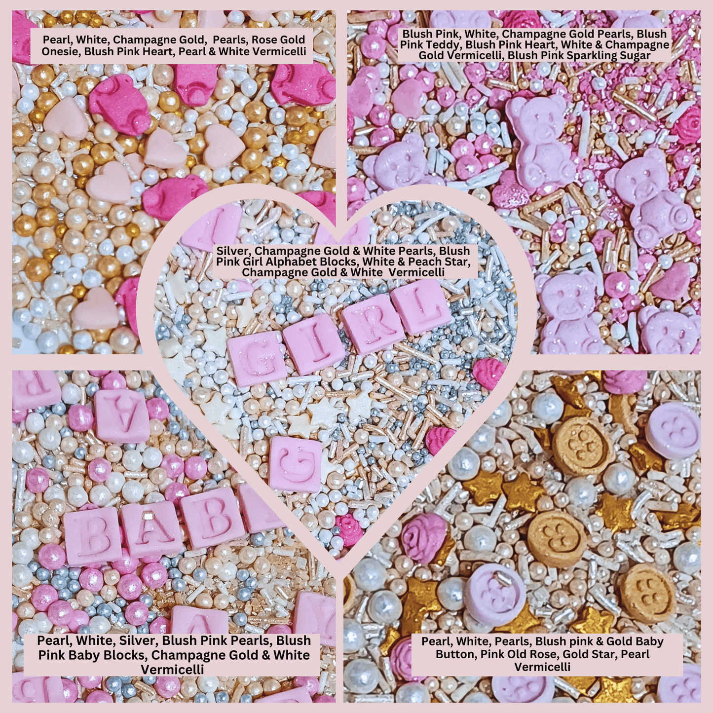 Confect Girls Baby Shower Sprinkles | Mix Heart, Teddy, Baby Feed Bottle & Baby Feet Sprinkles Pack of 5 (BABY SHOWER -15)