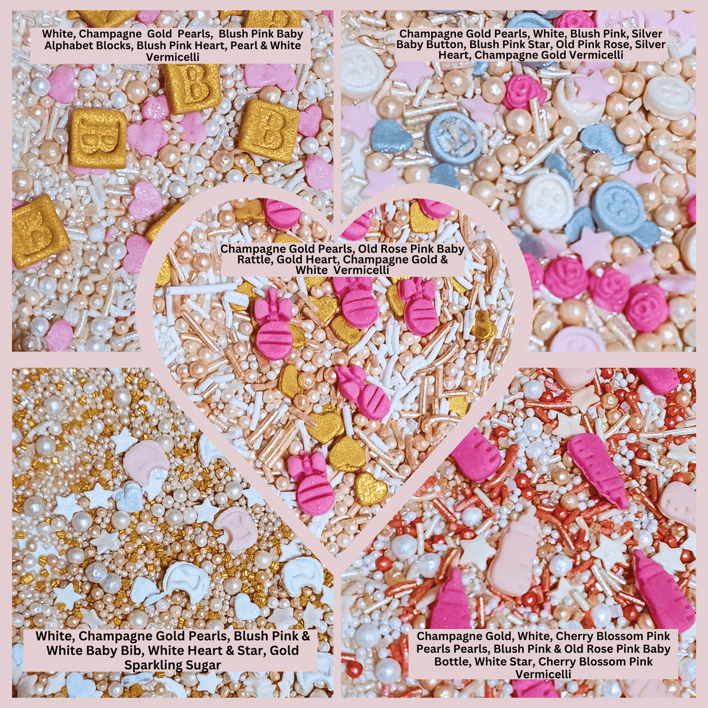 Confect Girls Baby Shower Sprinkles | Mix Heart, Teddy, Baby Feed Bottle & Baby Feet Sprinkles Pack of 5 (BABY SHOWER -17)