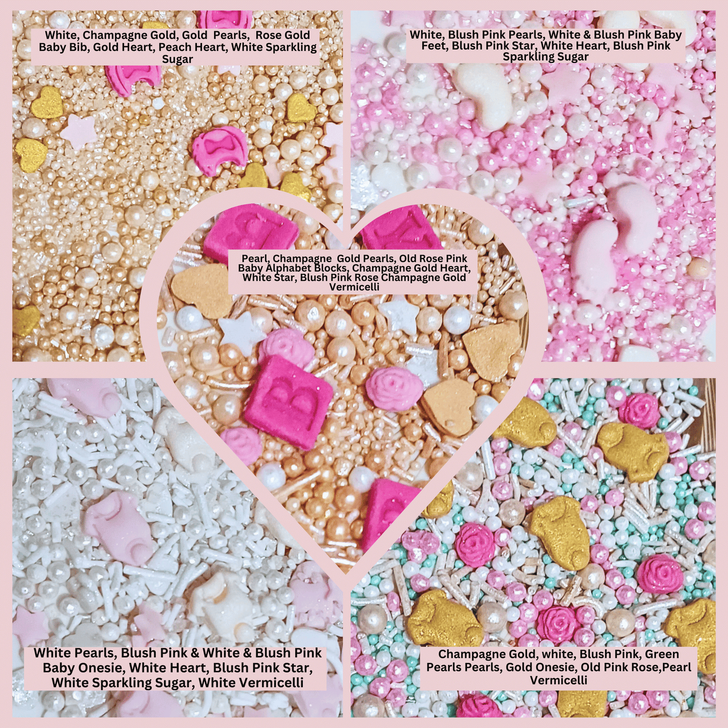 Confect Girls Baby Shower Sprinkles | Edible Sprinkles | Mix Heart, Teddy, Baby Feed Bottle & Baby Feet Sprinkles Pack of 5 (BABY SHOWER -18)