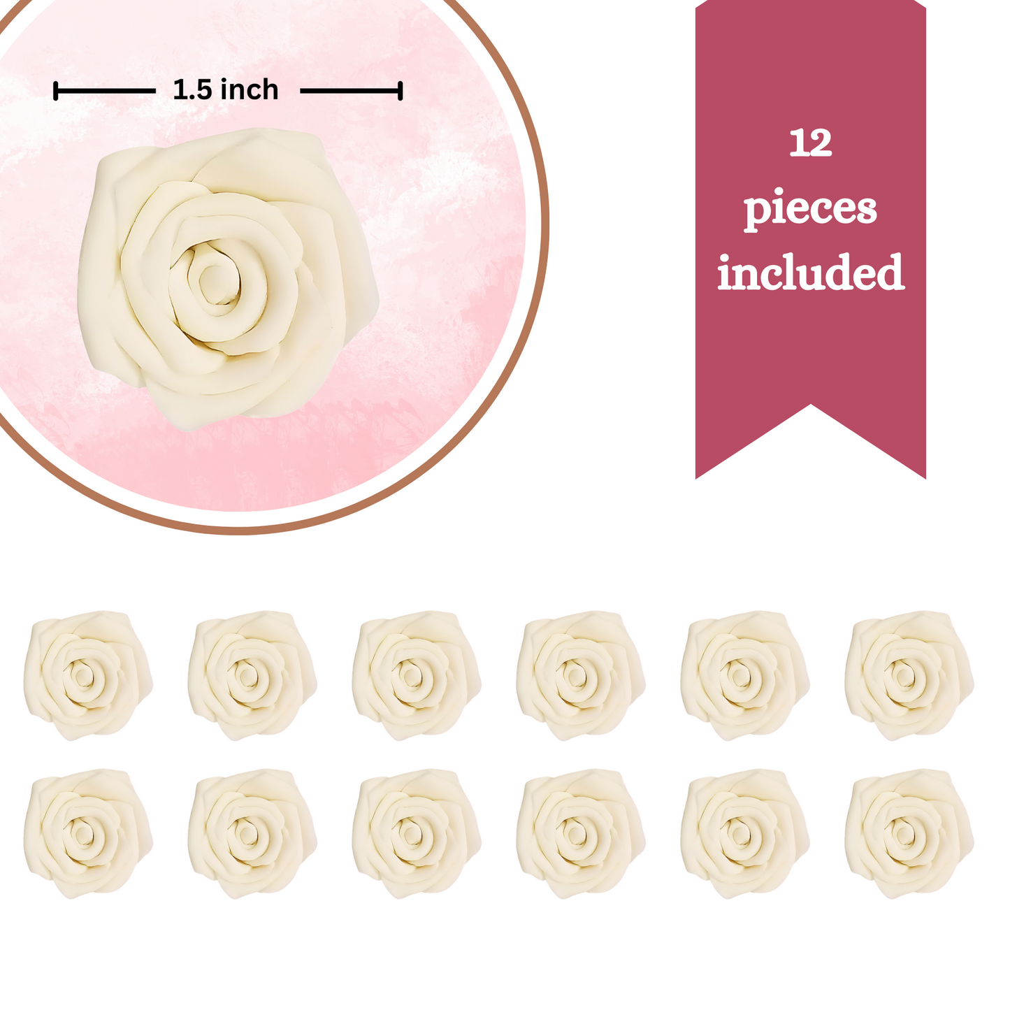 Confect Sugar Roses Topper | Sugar Roses for cake decorations | Edible Classic Pearl Ivory Roses - Pack of 12
