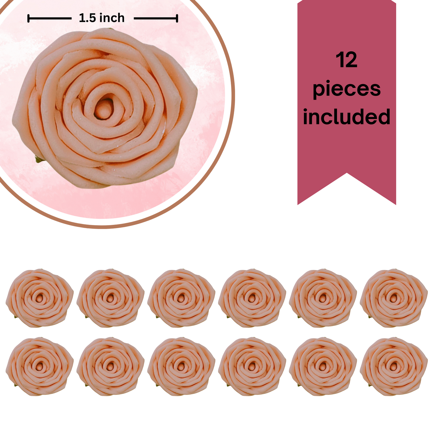 Confect Sugar Roses Topper | Sugar Roses for cake decorations | Edible Pretty Peach Pearl Roses - Pack of 12