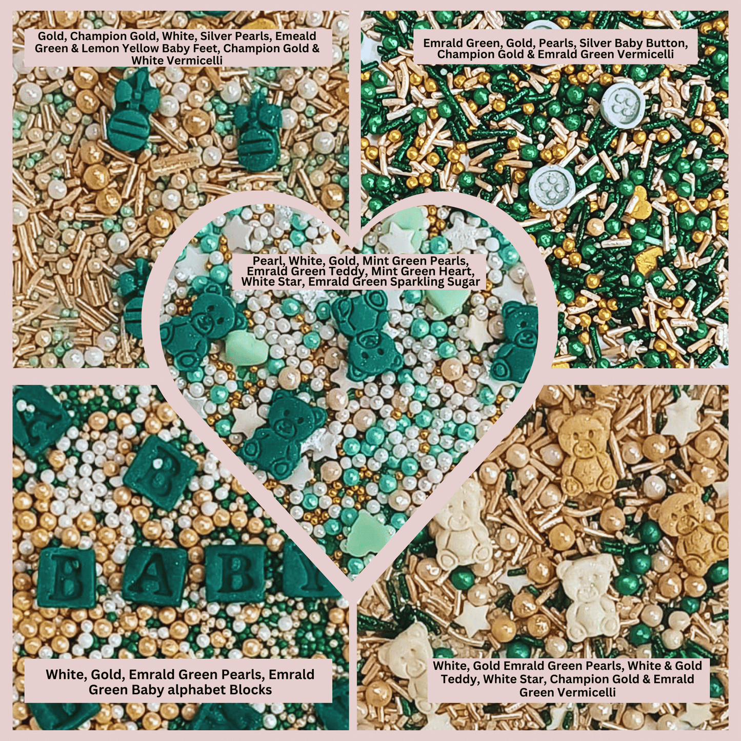 Confect Baby Shower Sprinkles | Gender Reveal Sprinkles | Gold, Silver, Mint Green & Pearl Dragees Pack of 5 (BABY SHOWER -09)