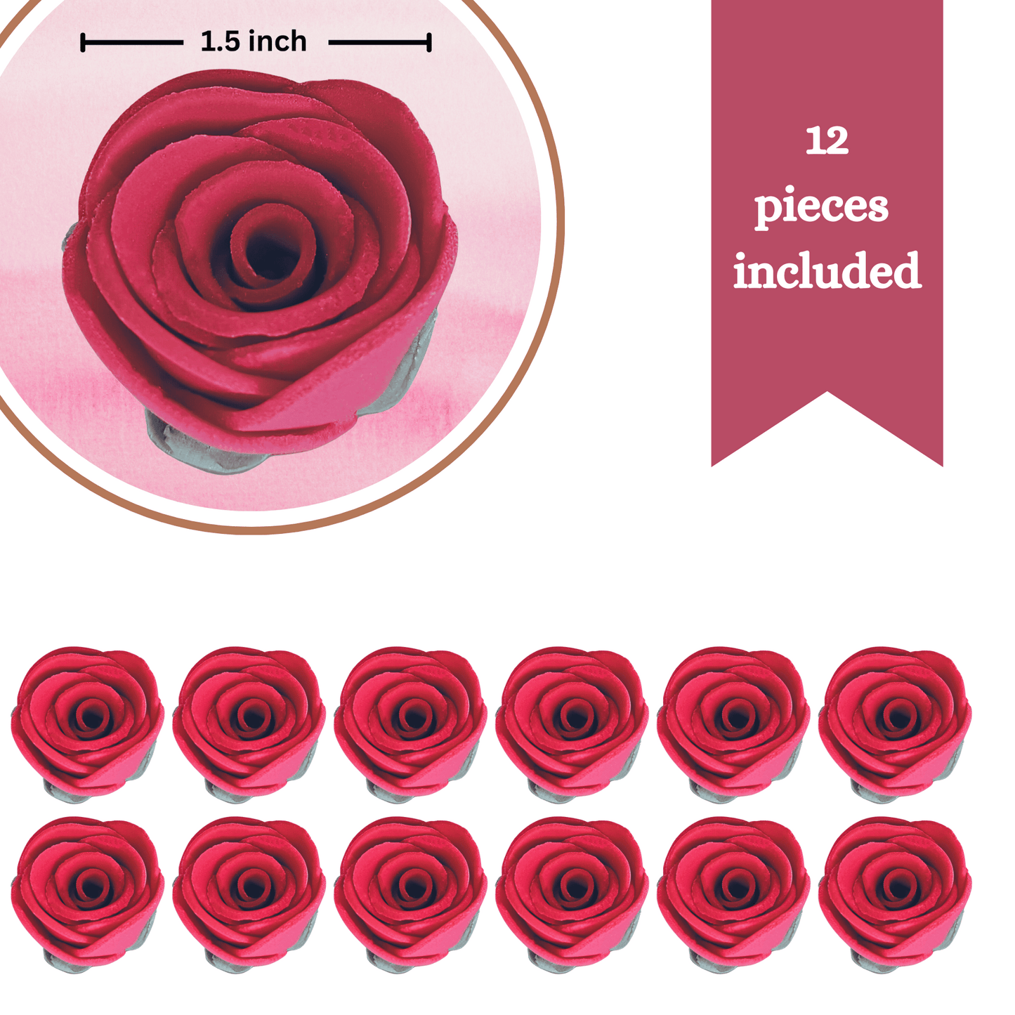 Confect Sugar Roses Topper | Sugar Roses for cake decorations | Edible Crimson Pink Roses - Pack of 12