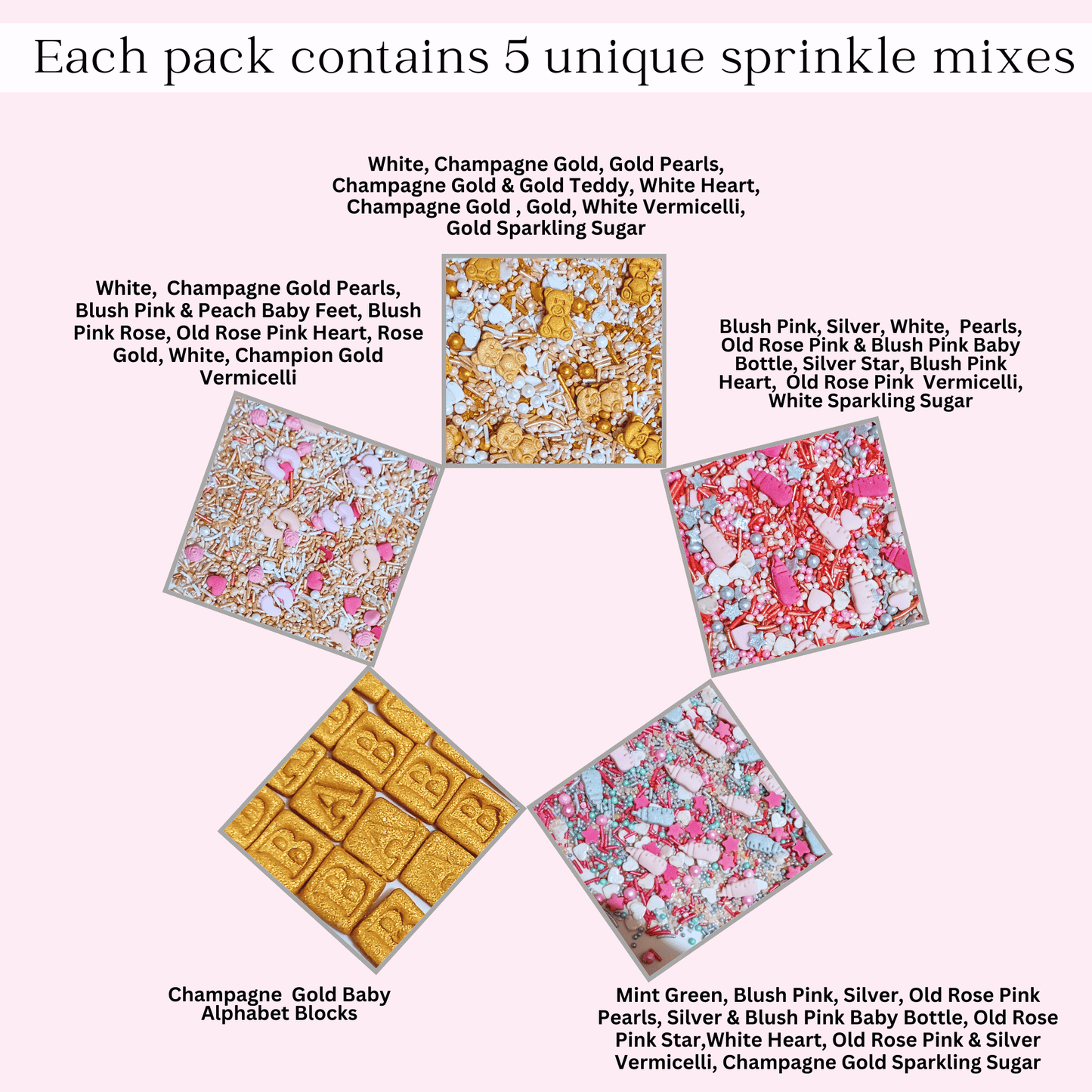 Confect Girls Baby Shower Sprinkles | Edible Sprinkles | Mix Silver, Gold & Blush pink Sprinkles Pack of 5 (BABY SHOWER -21)