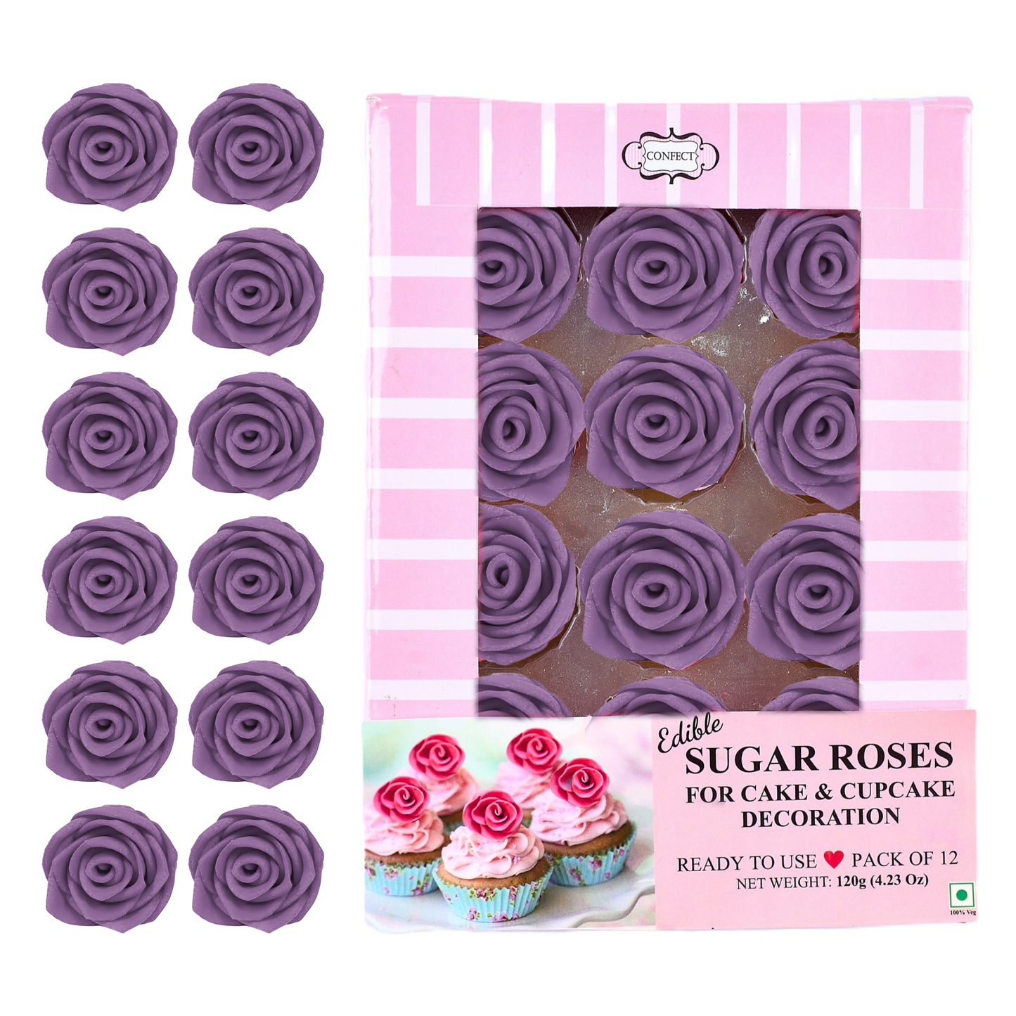 Confect Sugar Roses Topper | Sugar Roses for cake decorations | Edible True Purple Roses - Pack of 12