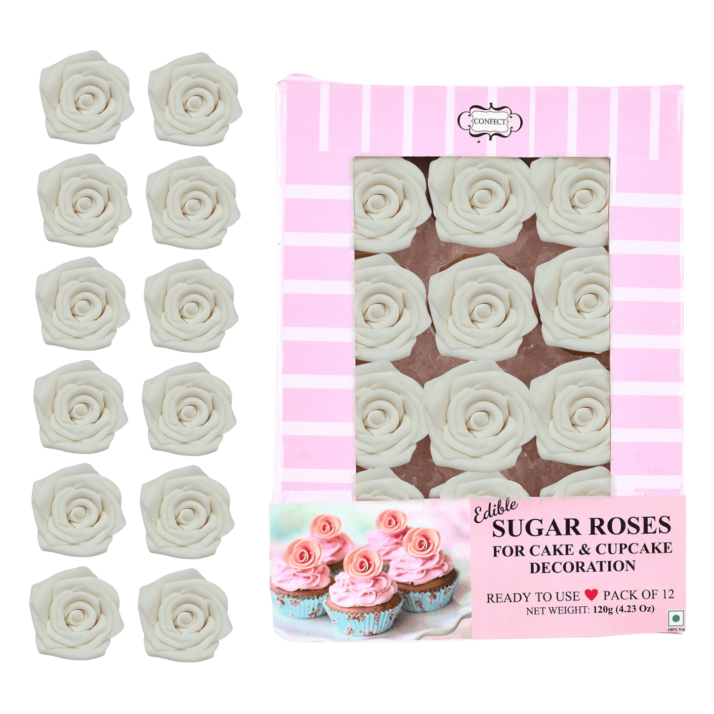 Confect Sugar Roses Topper | Sugar Roses for cake decorations | Venison White Princess Roses - Pack of 12