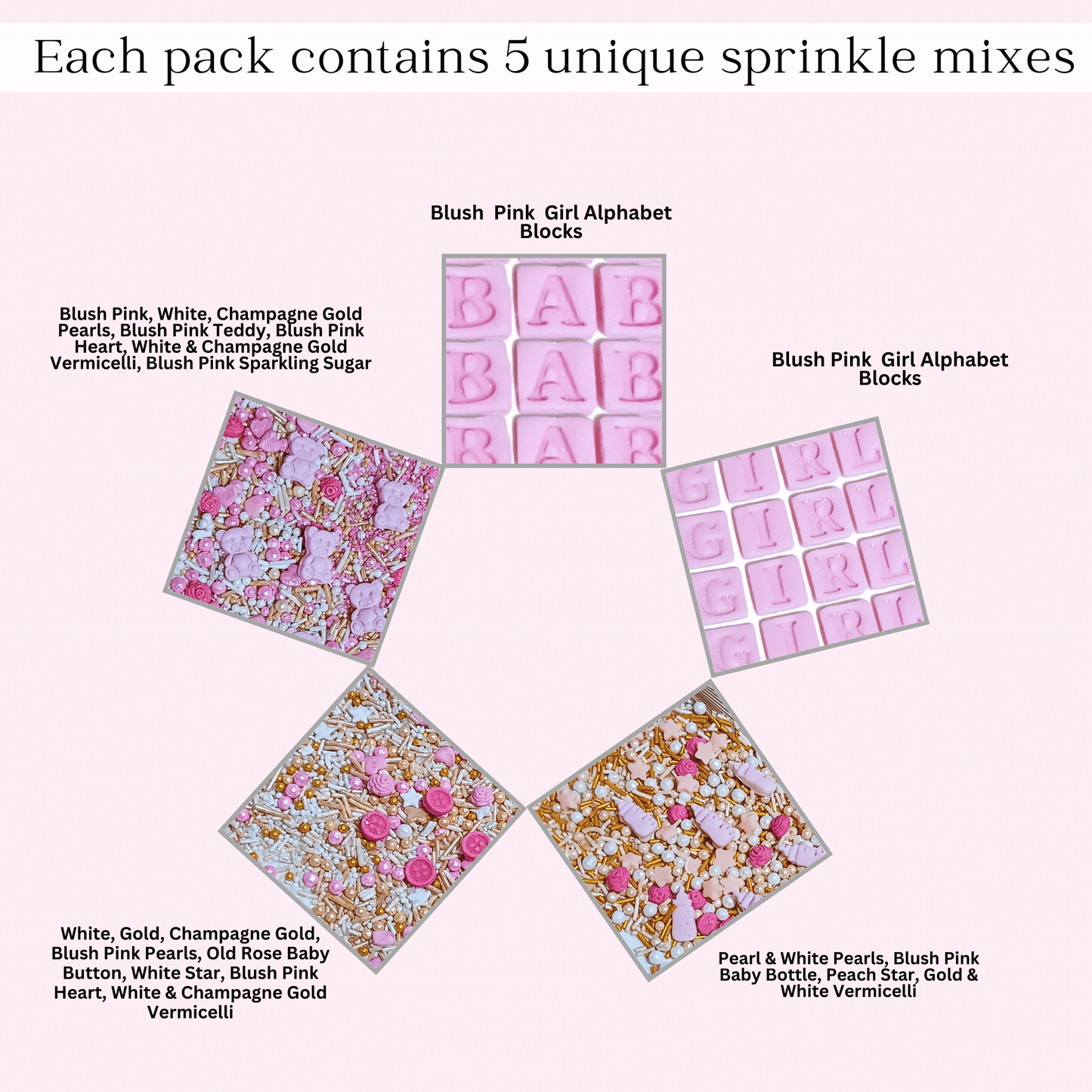 Confect Girls Baby Shower Sprinkles | Edible Sprinkles | Mix Heart, Teddy, Baby Feed Bottle & Baby Feet Sprinkles Pack of 5 (BABY SHOWER -24)