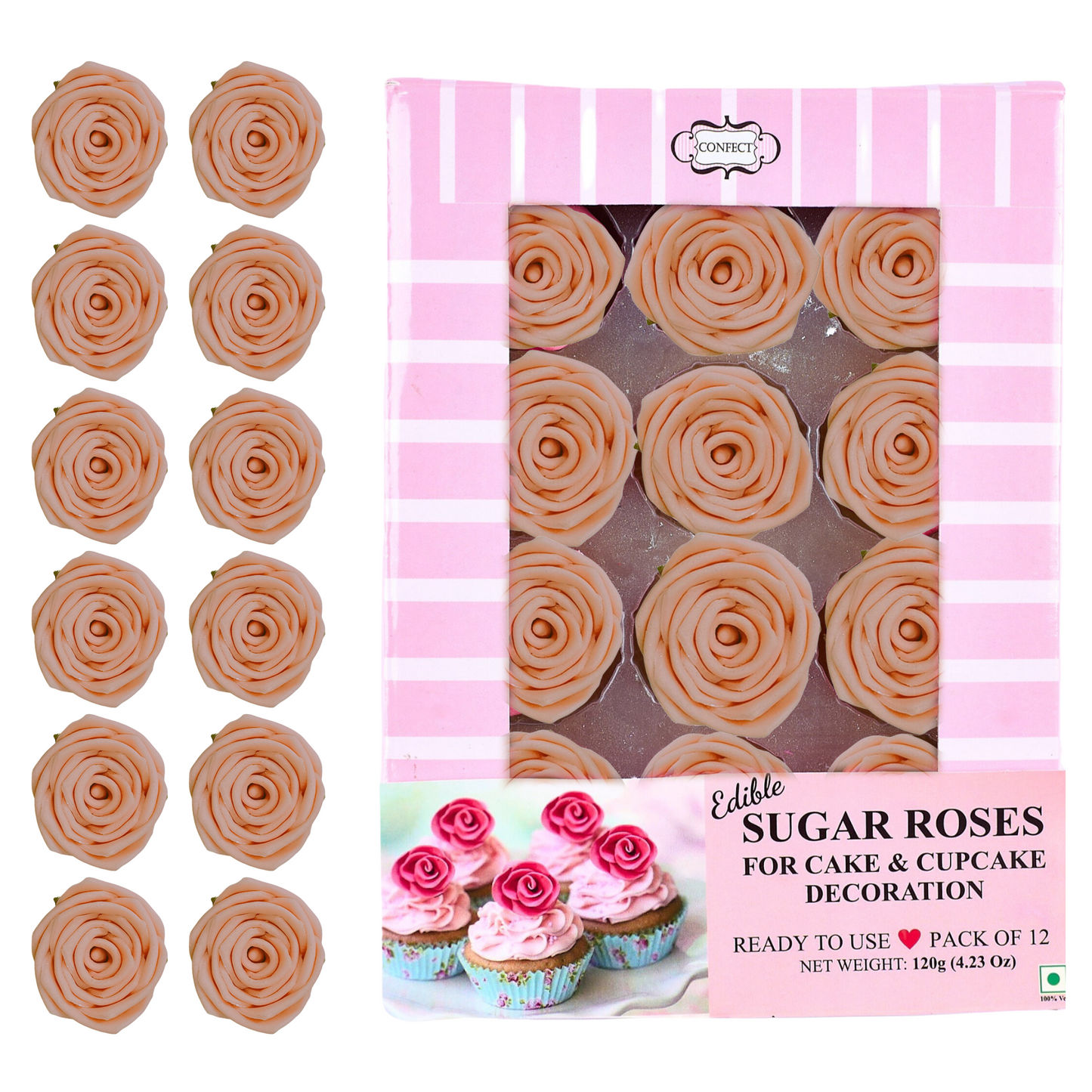 Confect Sugar Roses Topper | Sugar Roses for cake decorations | Edible Pretty Peach Pearl Roses - Pack of 12