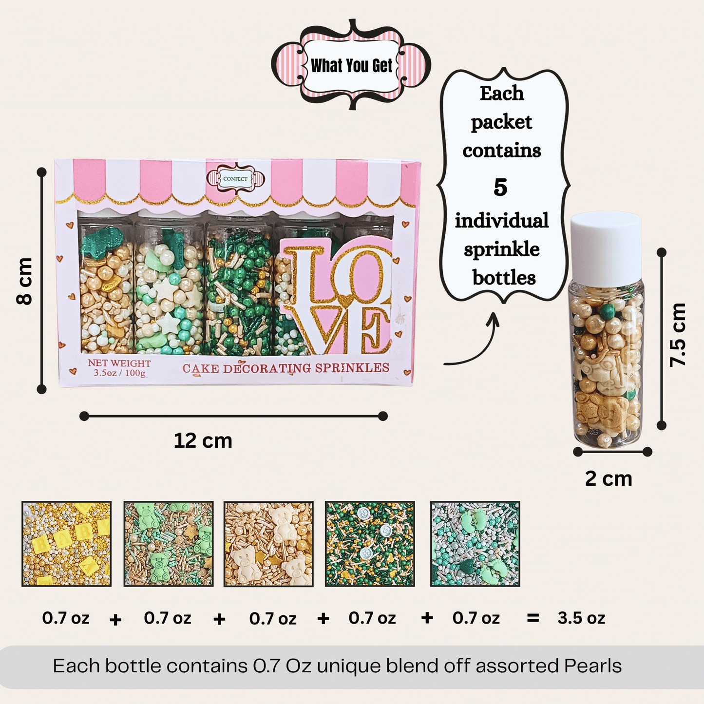 Confect Baby Shower Sprinkles | Gender Reveal Sprinkles | Gold, Silver, Mint Green & Pearl Dragees Pack of 5 (BABY SHOWER -09)
