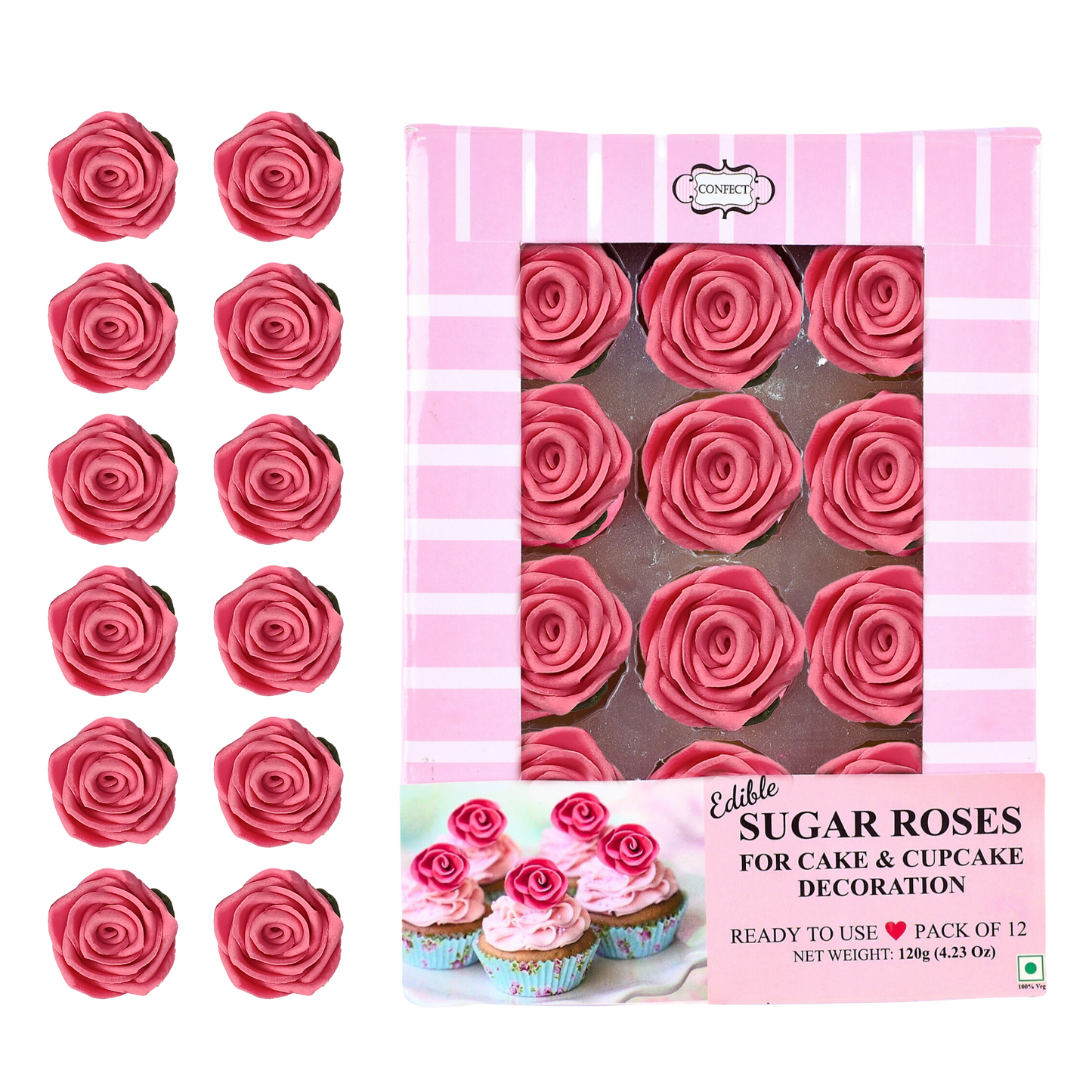 Confect Sugar Roses Topper | Sugar Roses for cake decorations | Edible Flamingo Rose Pink Roses - Pack of 12
