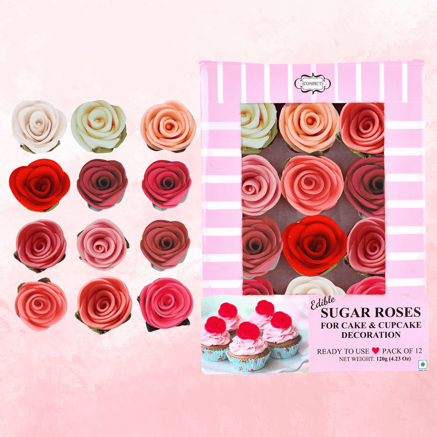 Confect Sugar Roses Topper | Sugar Roses for cake decorations | Cupcakes & Doughnut Edible Toppers | ombre -5 - Pack of 12