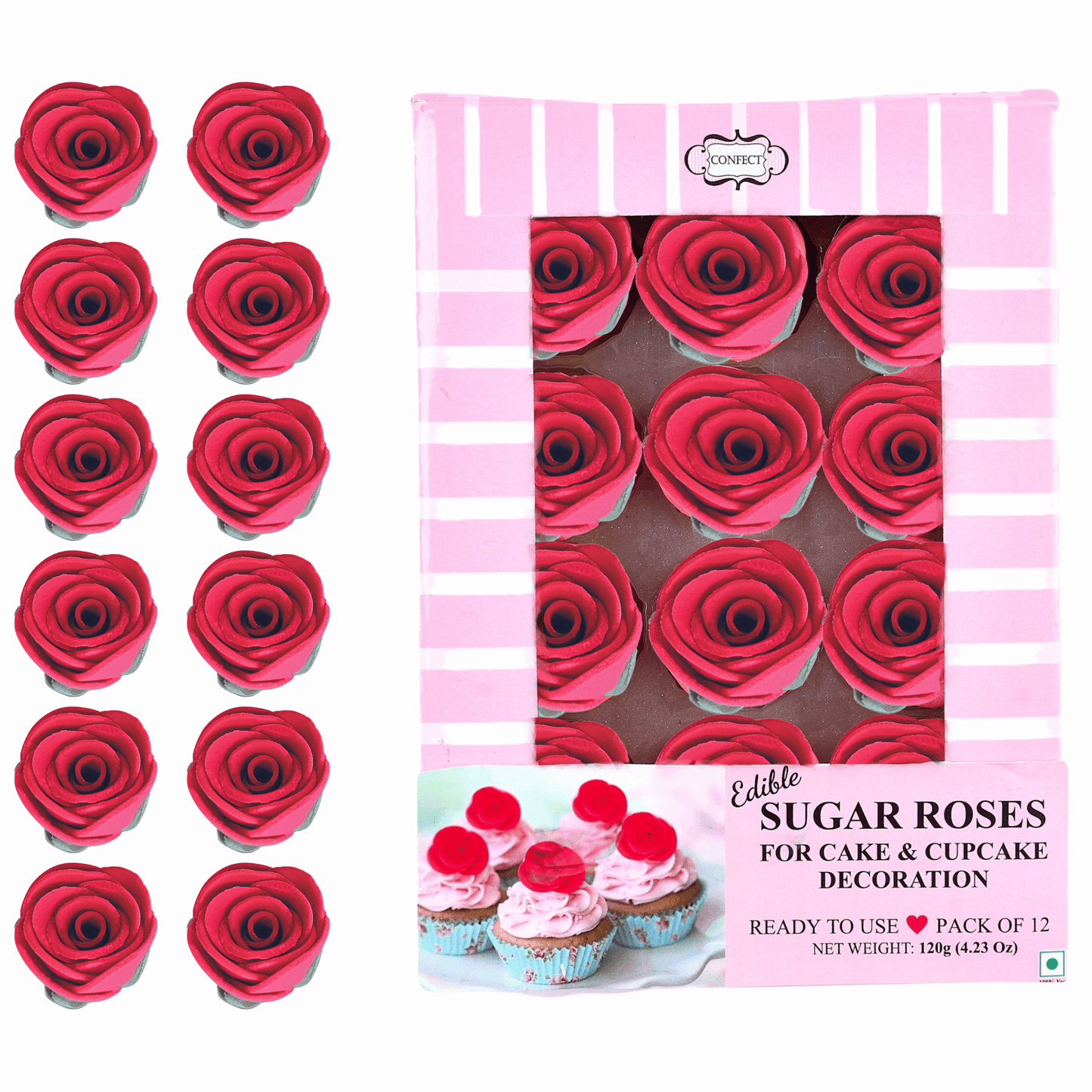 Confect Sugar Roses Topper | Sugar Roses for cake decorations | Edible Crimson Pink Roses - Pack of 12