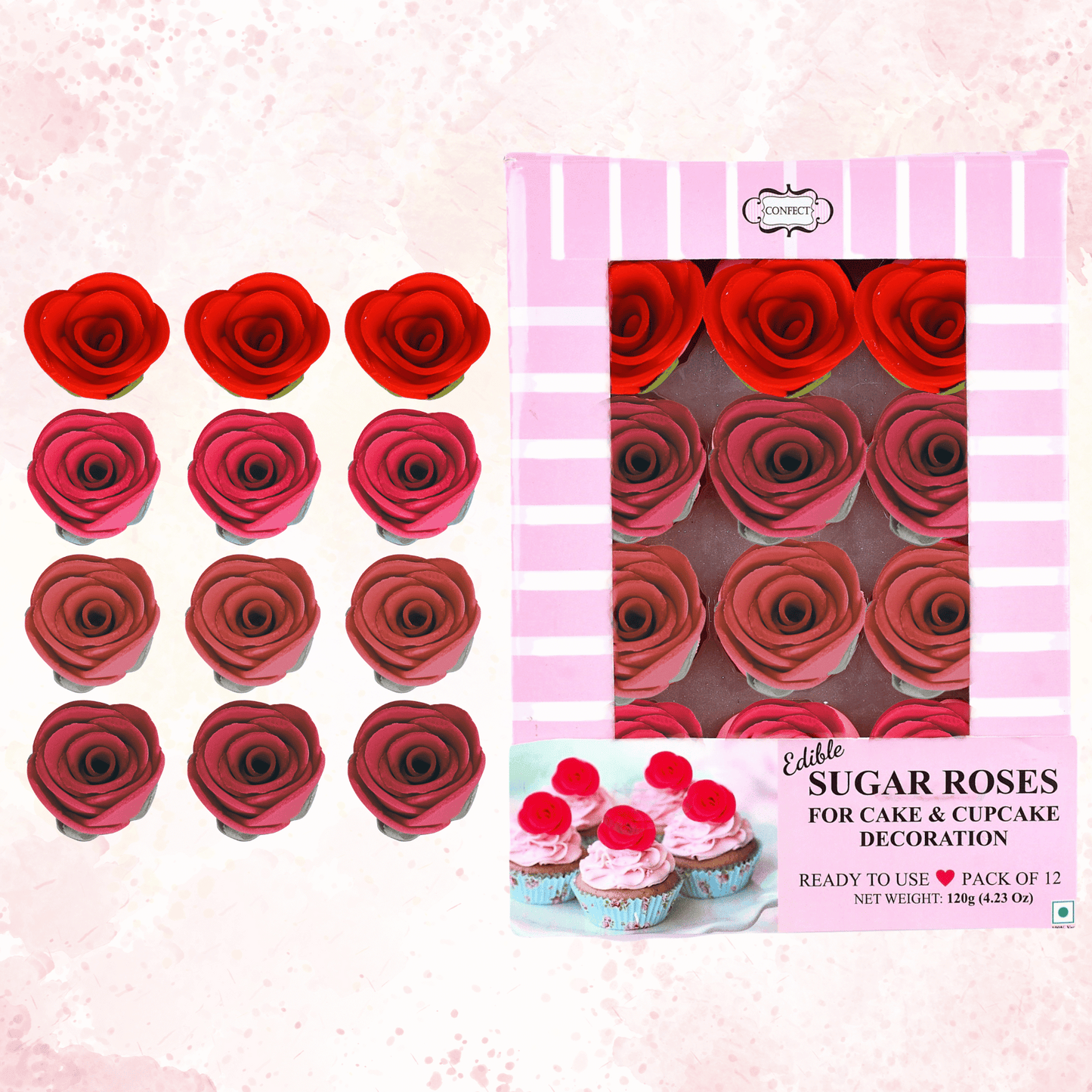 Confect Sugar Roses Topper | Sugar Roses for cake decorations | Cupcakes & Doughnut Edible Toppers | ombre -2 - Pack of 12