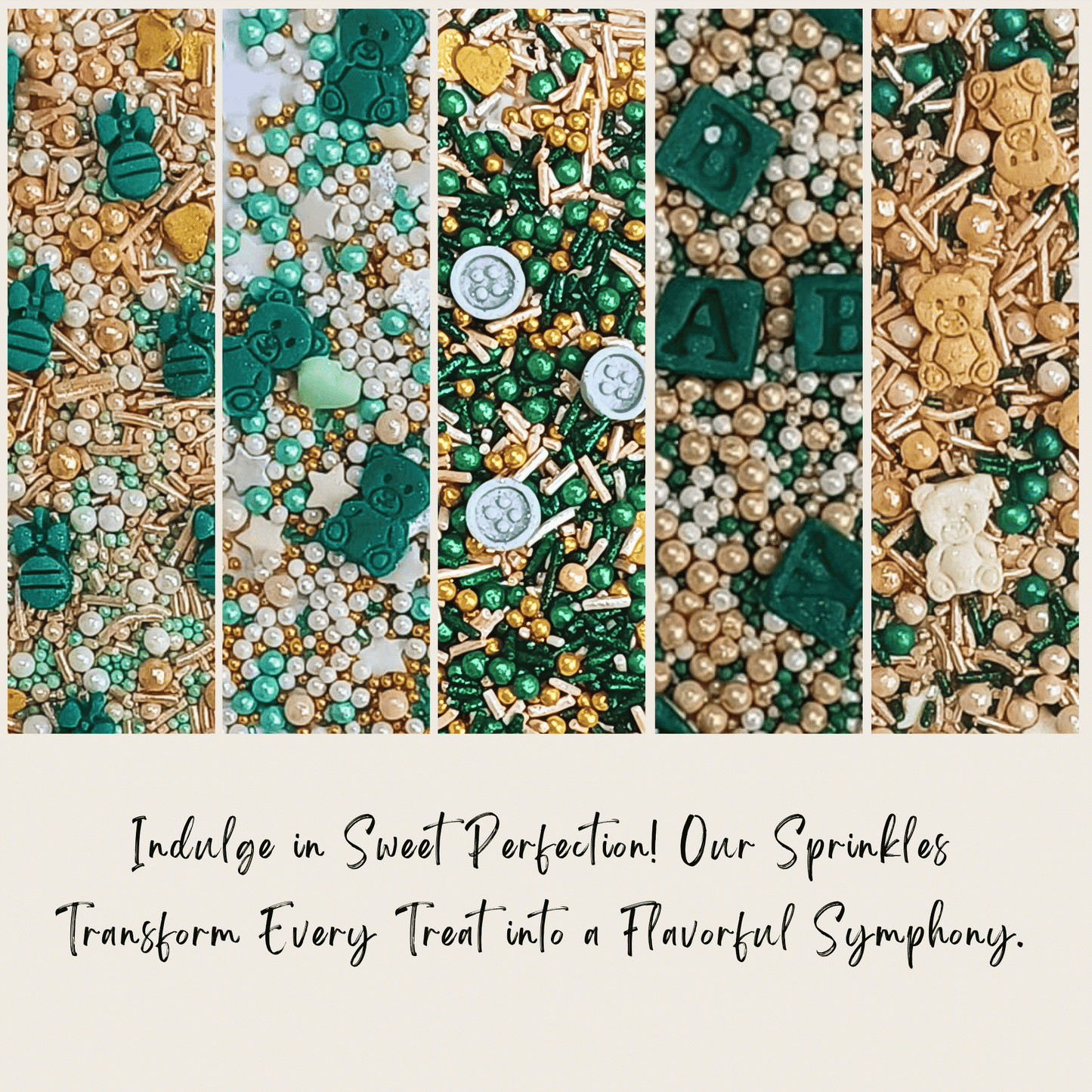Confect Baby Shower Sprinkles | Gender Reveal Sprinkles | Gold, Silver, Mint Green & Pearl Dragees Pack of 5 (BABY SHOWER -09)