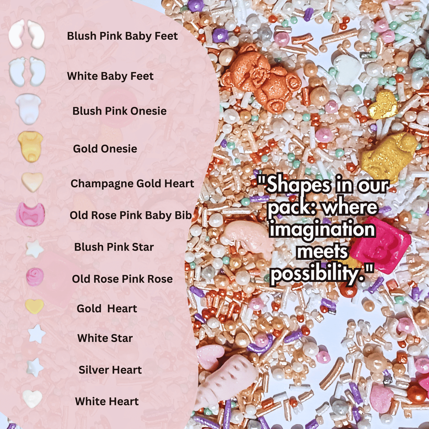 Confect Girls Baby Shower Sprinkles | Edible Sprinkles | Mix Heart, Teddy, Baby Feed Bottle & Baby Feet Sprinkles Pack of 5 (BABY SHOWER -18)