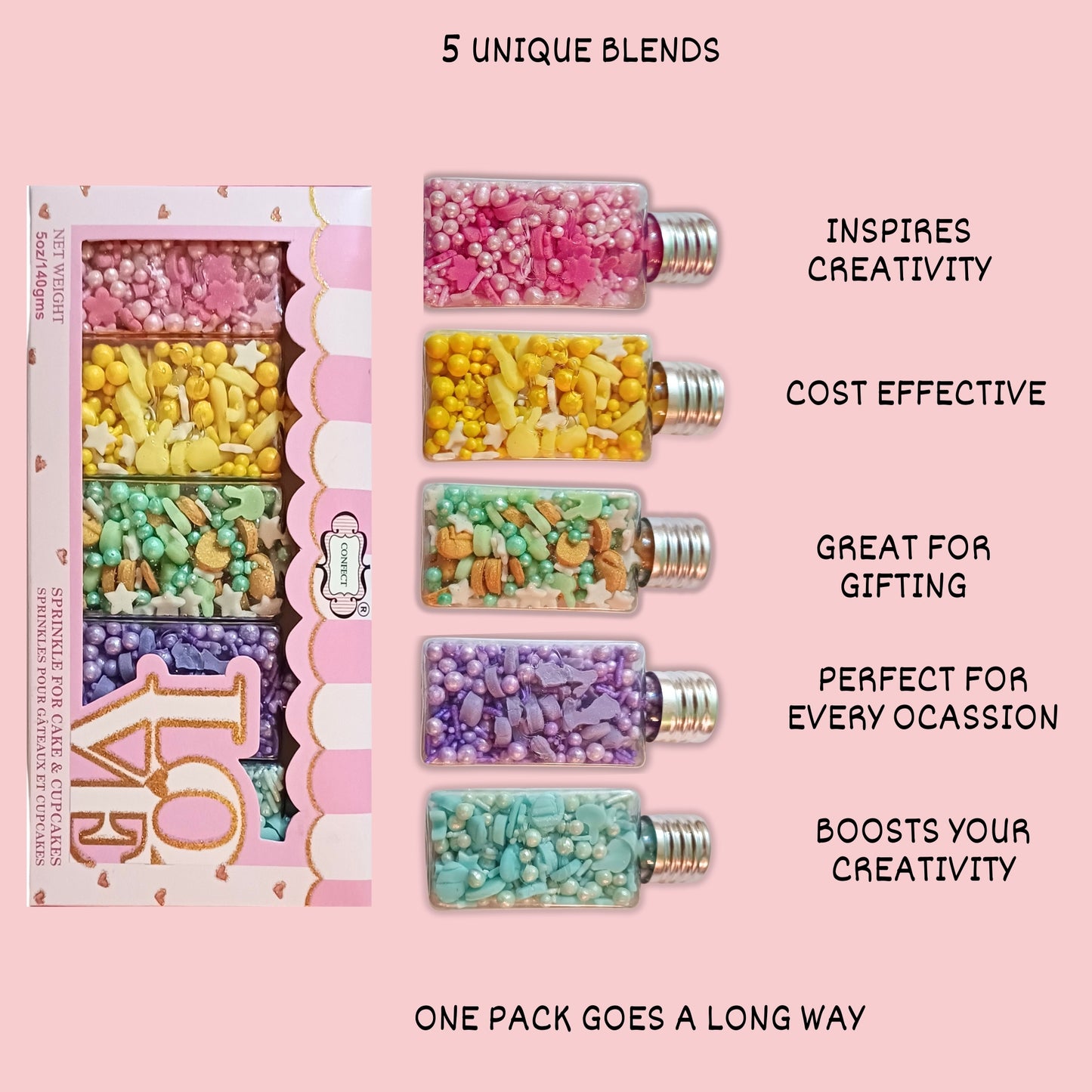 Confect Easter Sprinkles Edible | Mix Parrot Green, Pink, Sky Blue and Yellow Pearls & Stars Pack Of 5 (EAST 5) - 100Gms