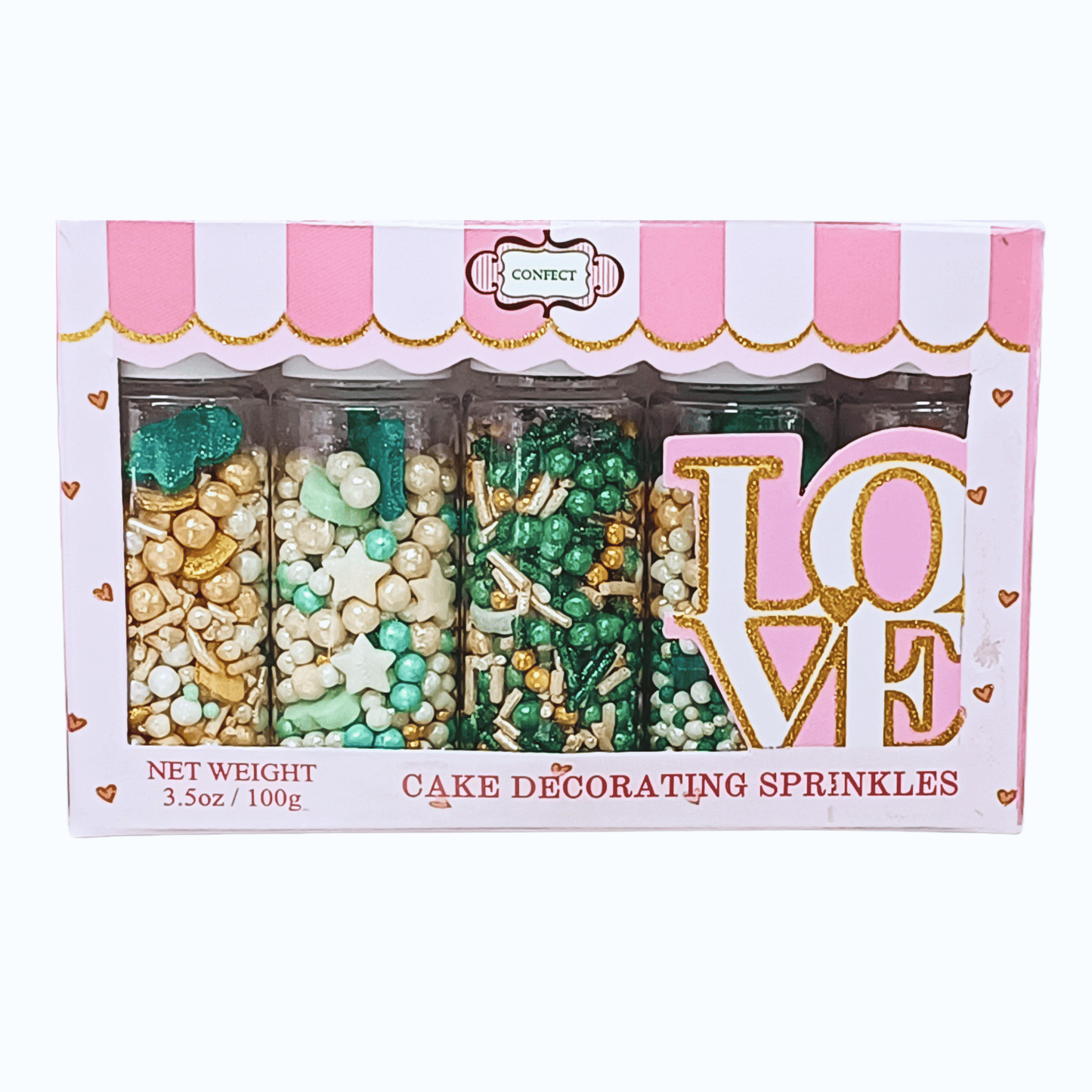 Confect Baby Shower Sprinkles | Gender Reveal Sprinkles | Gold, Silver, Mint Green & Pearl Dragees Pack of 5 (BABY SHOWER -09)