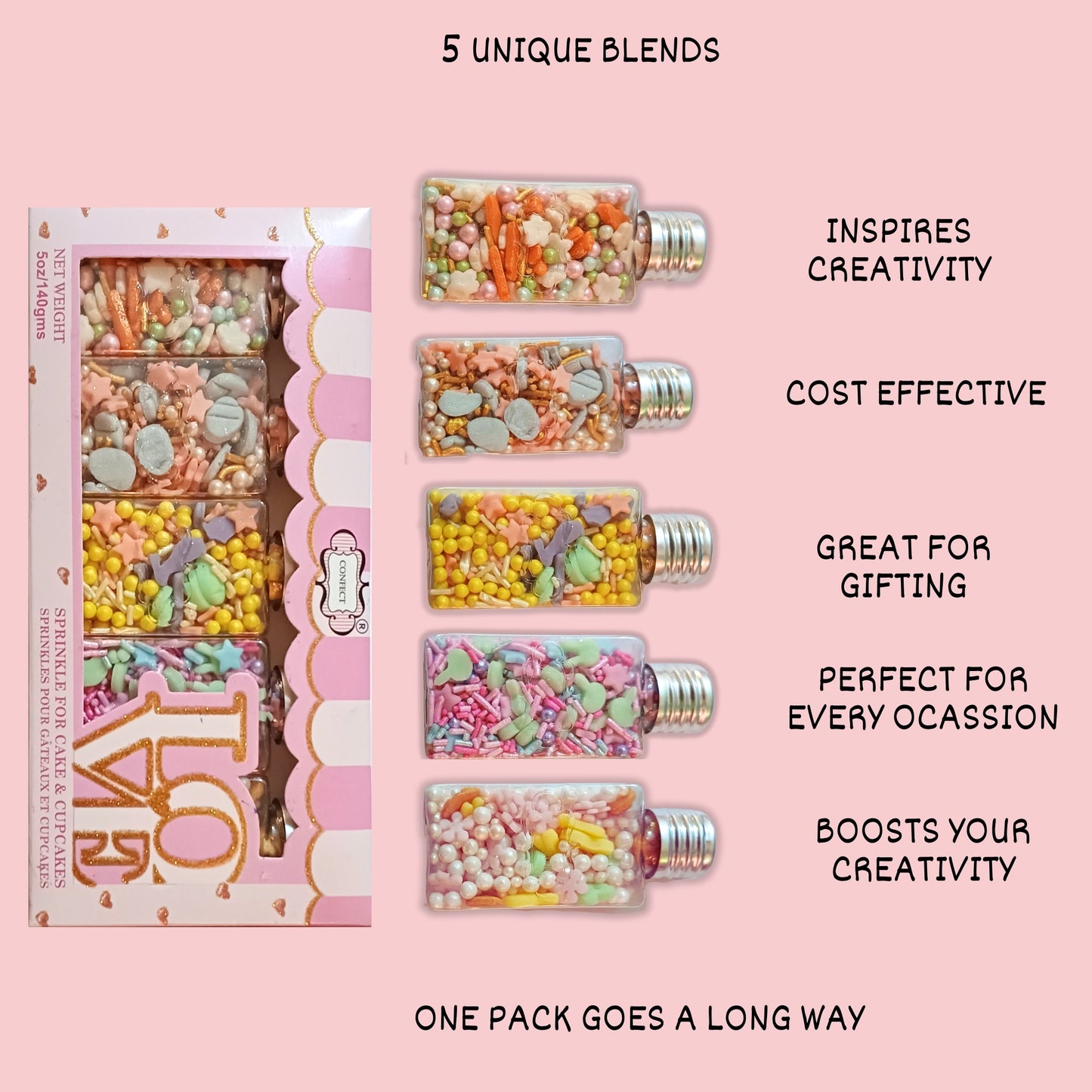 Confect Easter Sprinkles Edible |  White, Pink and Gold Pearls, vermicelli , Easter Bunny & Stars Pack of 5 (EAST 12) - 100Gms