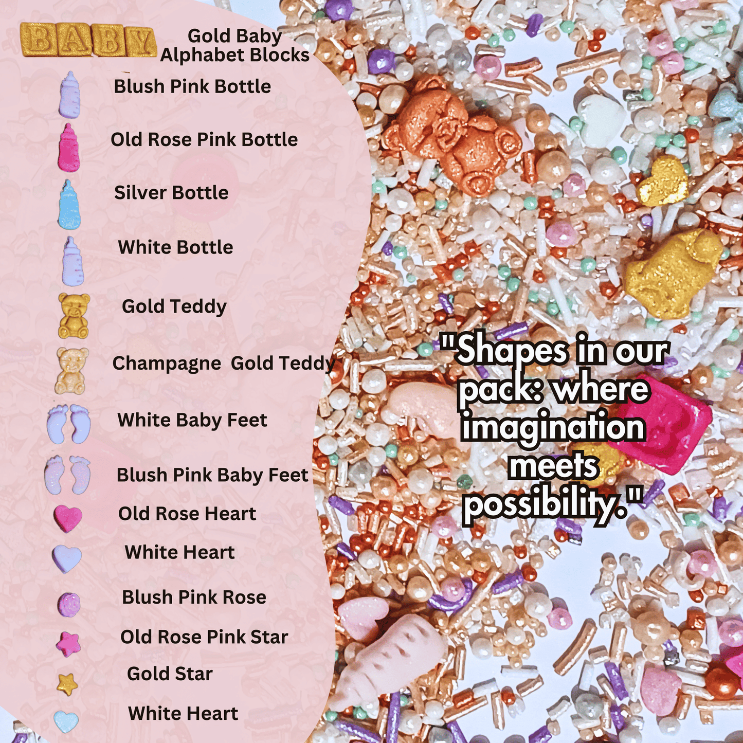 Confect Girls Baby Shower Sprinkles | Edible Sprinkles | Mix Silver, Gold & Blush pink Sprinkles Pack of 5 (BABY SHOWER -21)