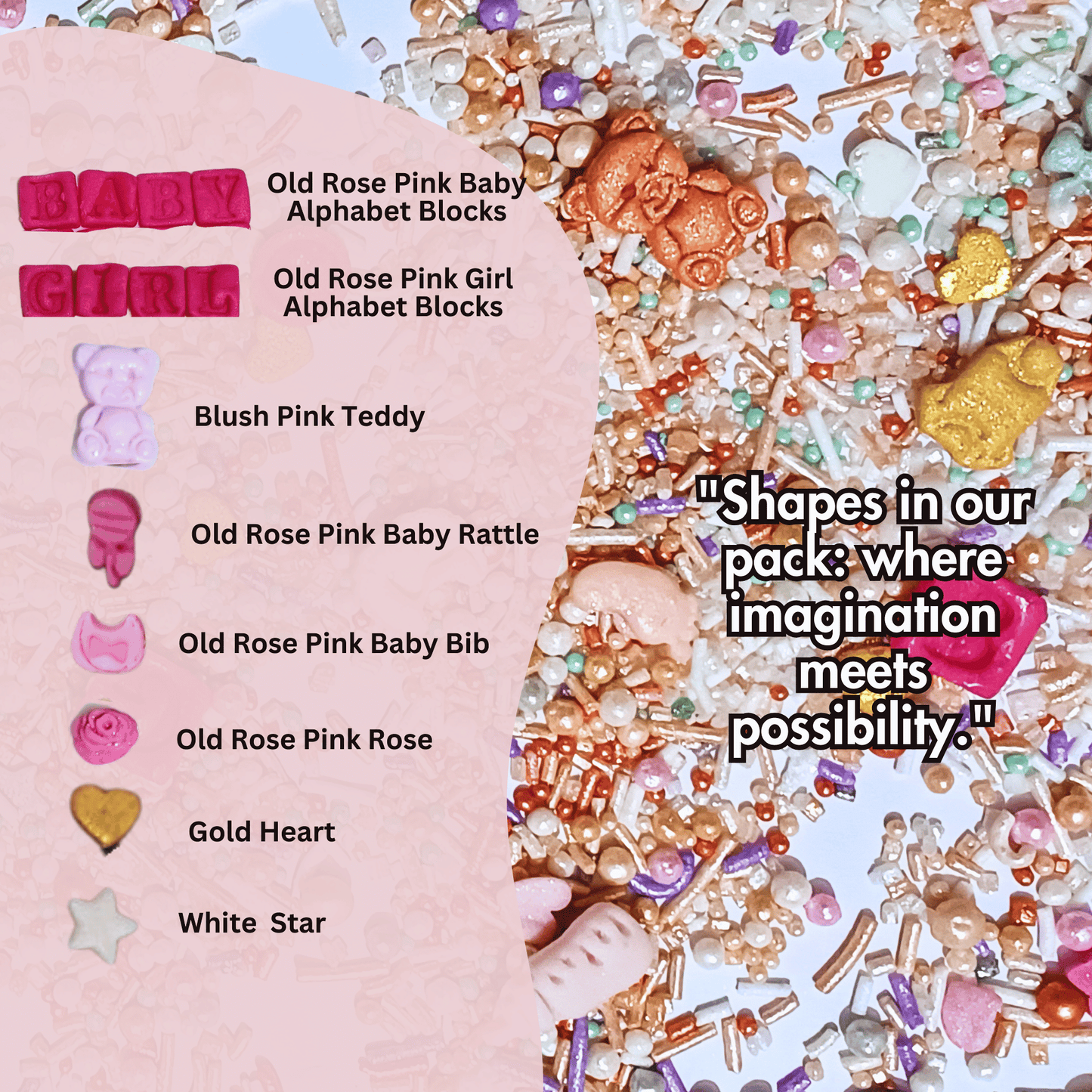 Confect Girls Baby Shower Sprinkles | Mix Heart, Teddy, Baby Feed Bottle & Baby Feet Sprinkles Pack of 5 (BABY SHOWER -22)